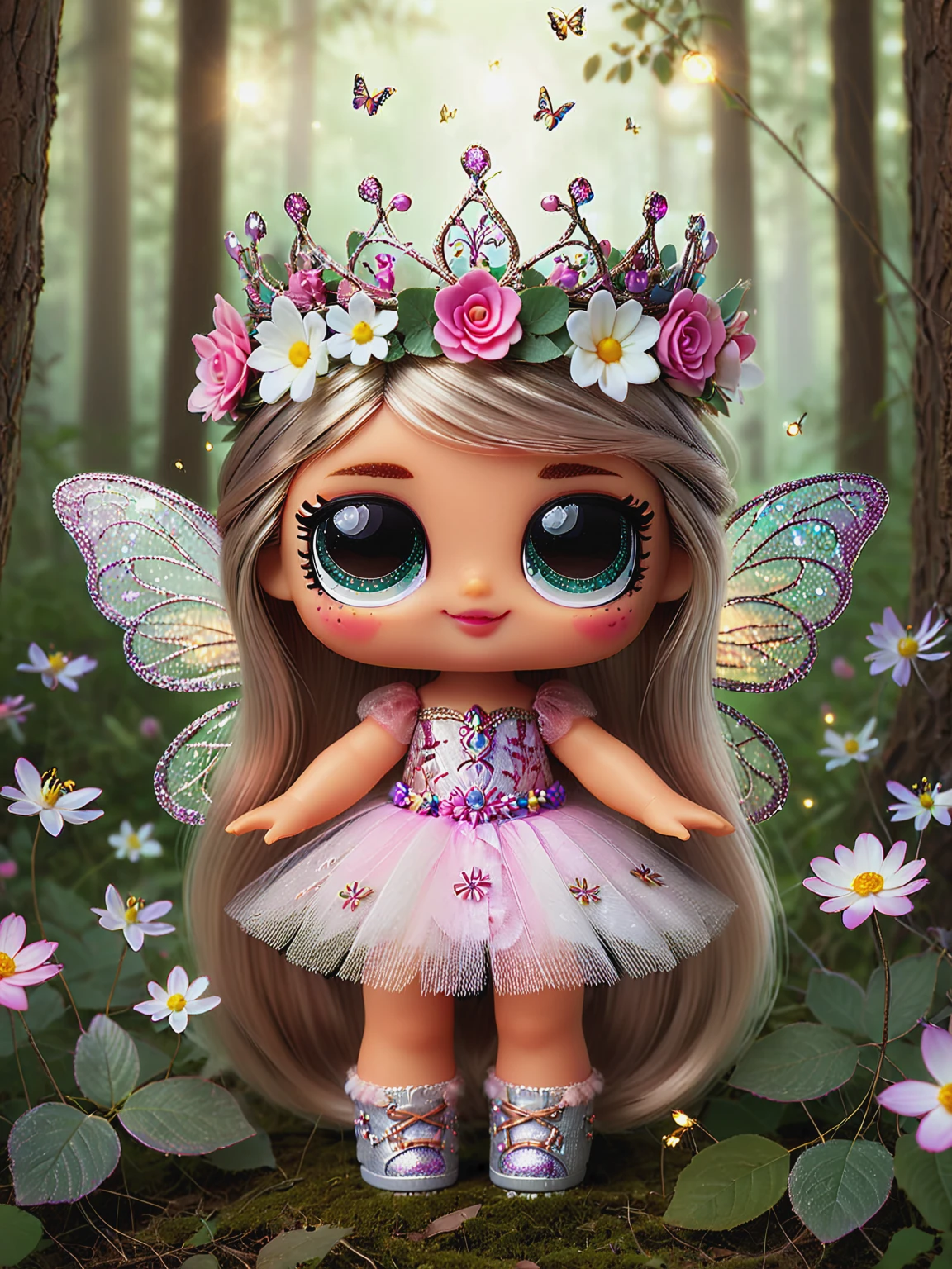 ais-lolz fairy, with a gentle smile, with delicate wings and a crown of flowers, in a mystical forest glade. Surrounded by fireflies and blooming flowers, their face radiates a serene and magical aura <lora:LOL_Surprise_Style_SDXL:1>