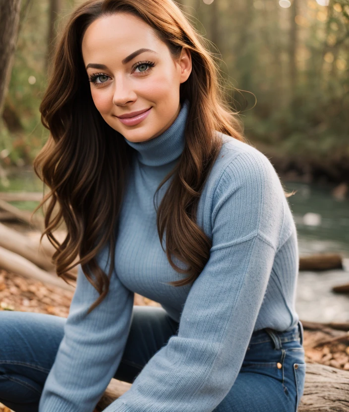 <ad1el30>, Gorgeous girl, perfect eyes, natural uniform background, 100mm blur, warm light, upper body, smile, jeans, Marmore Falls, Turtleneck