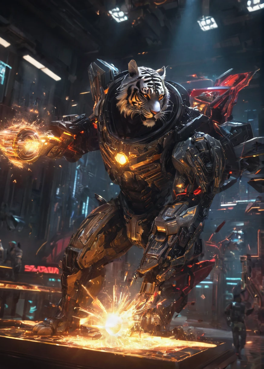 project,mechanical weaponized tiger,absolutely epic,analog,private press photo,realistic,futuristic,scifi,cinematic,((glowing features)),hologram features,hyperdetailed photography,50nm dof,bokeh,realistic,sharp focus,ultra detailed,8k uhd,masterpiece,awardwinning,trending on artstation and deviant art, ambient,volumetric,wallpaper,official art, <lora:projectxl-000003:0.5>,scarlet theme,dark and ominous,ethereal,complex,powerful,fractal particles,(((style of zhelong zhu,sandra chevrier,joji shinkawa,artgerm,giger and greg rutkowski)))