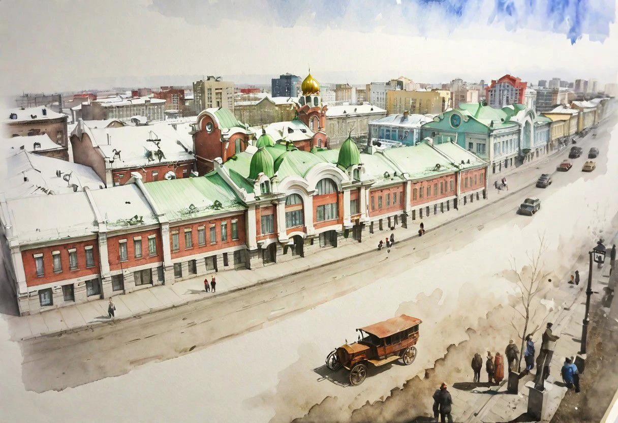 angle view watercolor of Local History Museem in novosibirsk