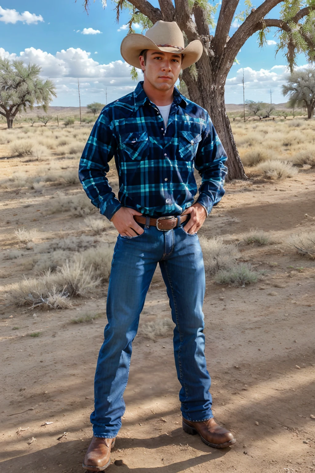 South Texas pasture, mesquite trees, standing in the shade, TrevorKnight, sexycowboy, plaid shirt, jeans, boots, hat,  (((full body portrait))), wide angle  <lora:TrevorKnight:0.8>   <lora:Clothing - Sexy Cowboy:0.6>