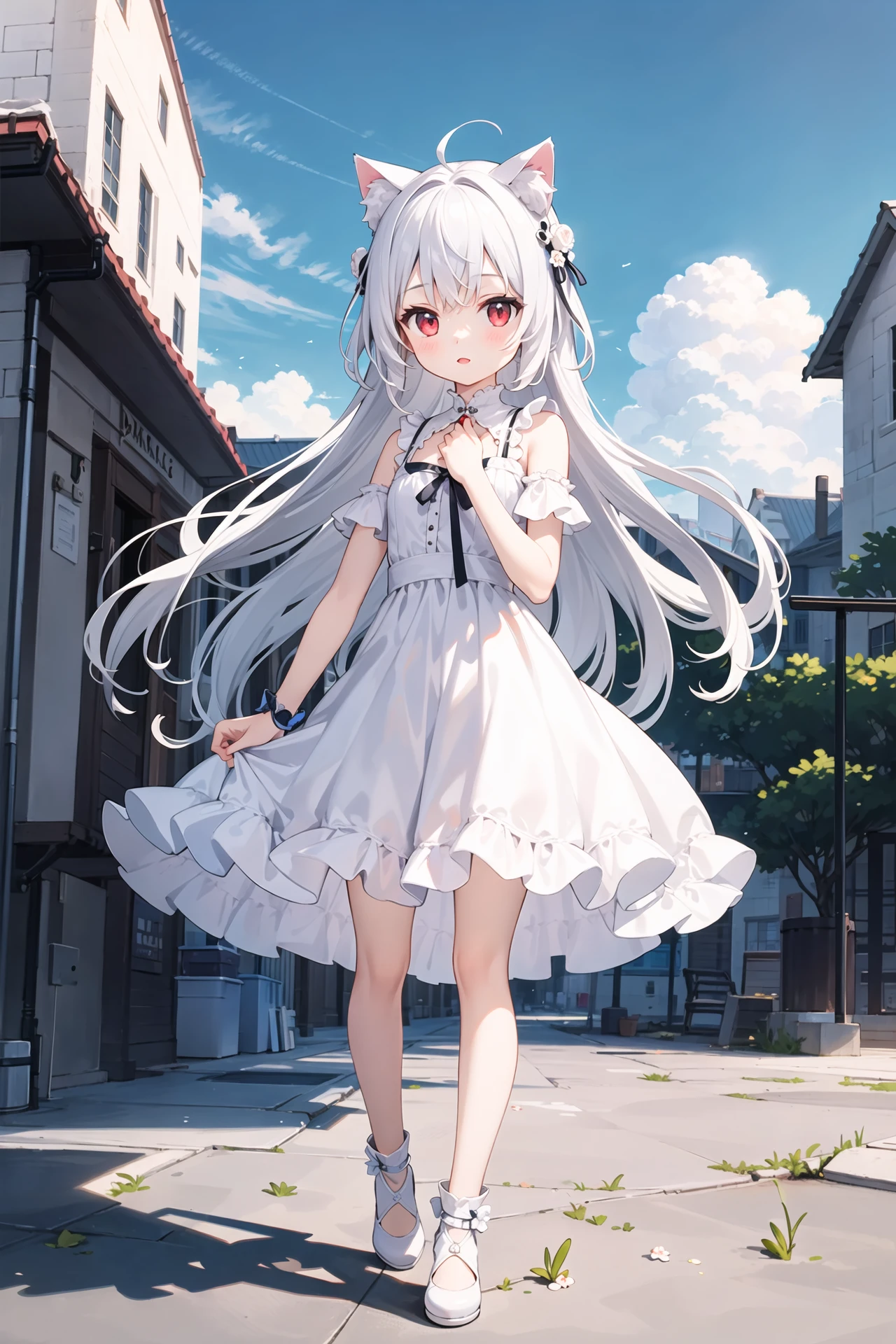 (((masterpiece))), best quality, illustration, young girl, 1girl with light white long hair, beautiful detailed red eyes, light white long straight hair, ((cute)), (petite), slim, solo, solo focus, standing, full body, sky, pure white dress, cat ears