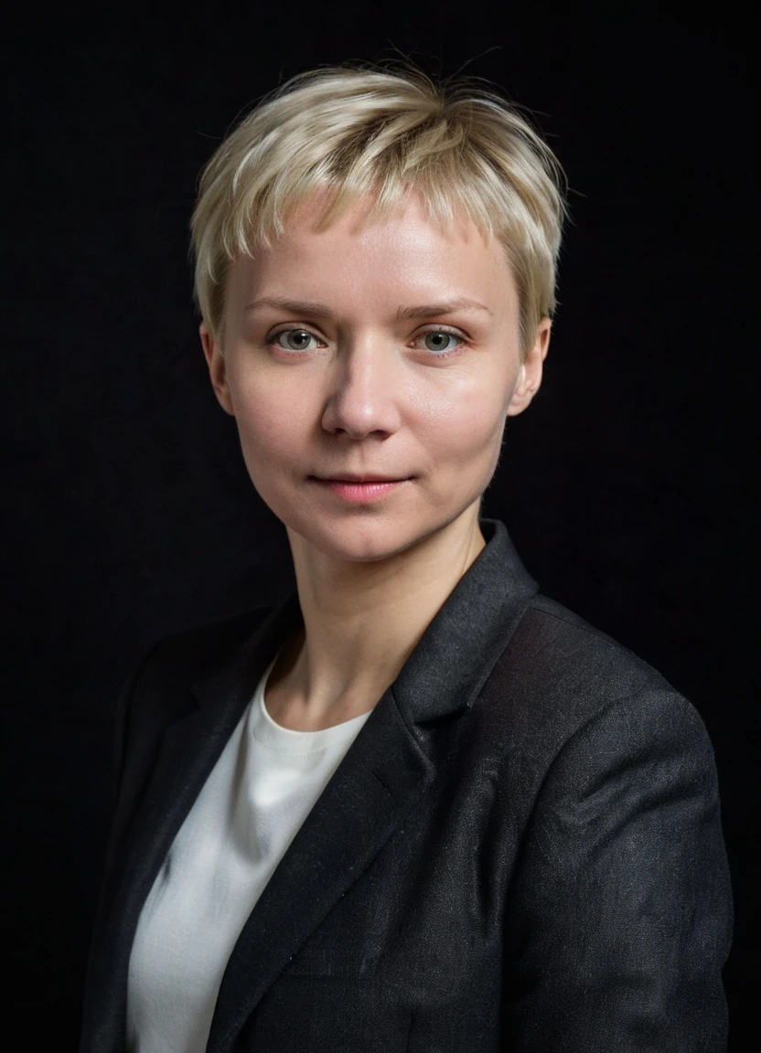 monochrome portrait of marinagrankova, a woman with short blonde hair is posing for a picture, back business jacket, black background, soft light,
<lora:MarinaGrankova_XL:0.8>