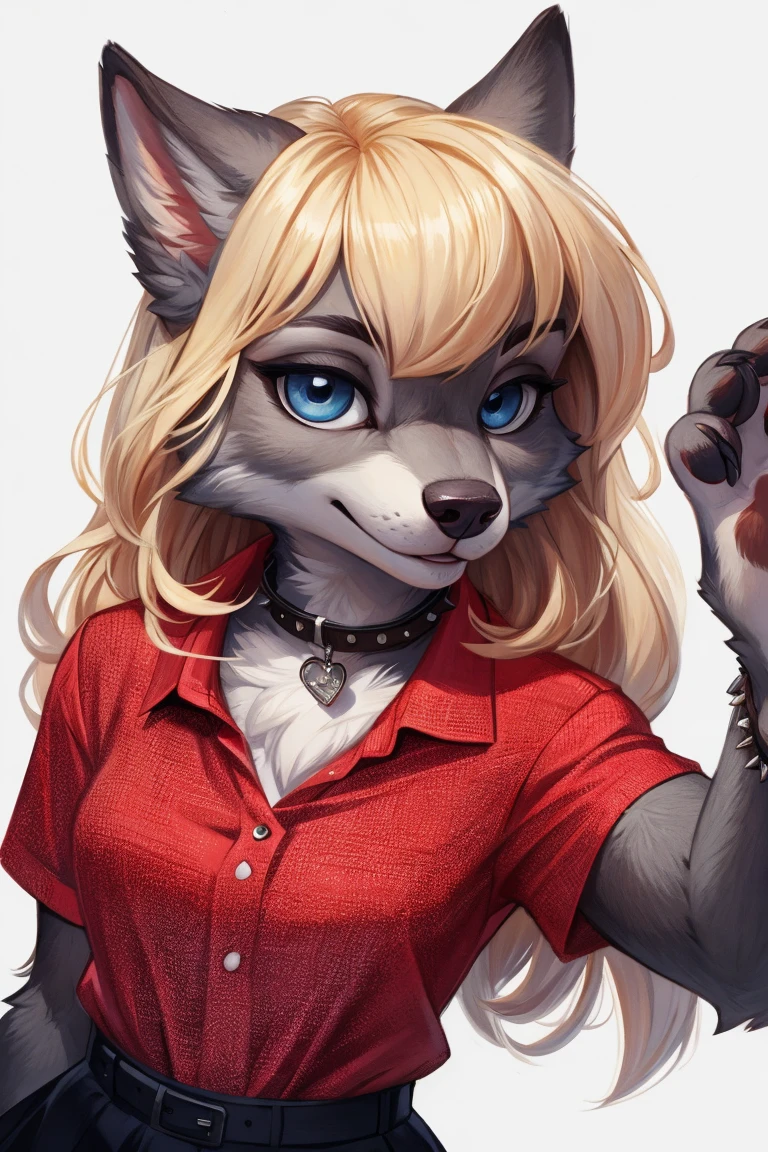 wolf furry girl,blonde,long hair,looking at viewer,crossed bangs,blue eyes,high detail eyes by Glacierclear, by Ulitochka, by Levelviolet, by Zephyxus, (red shirt)1.2,black skirt,(high detail grey fur)1.2,punk collar,zootopia, fur paws (white background)1.1,masterpiece,highres,8k,(sharp)1.15