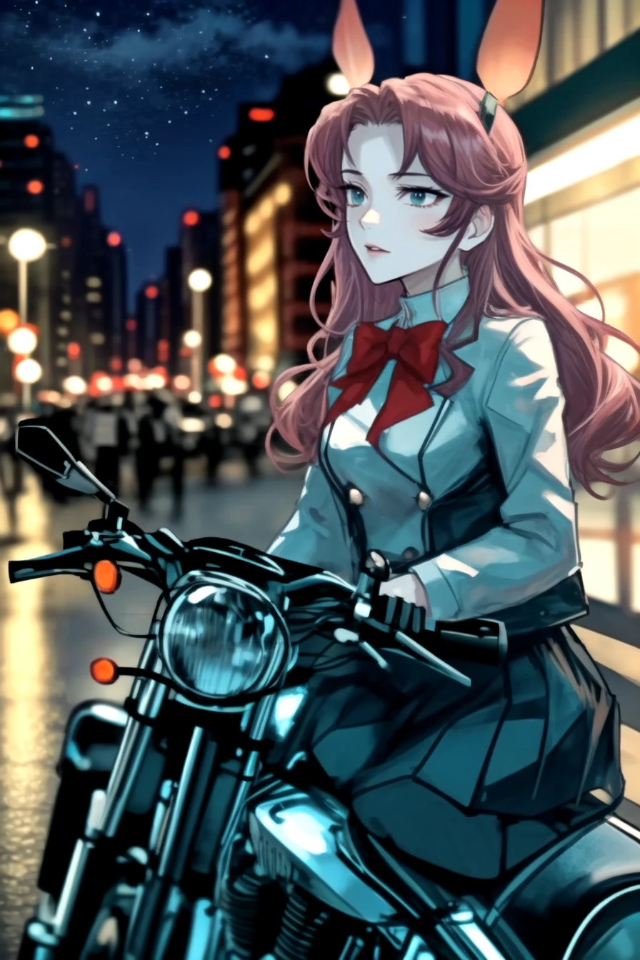 ((kirijou_mitsuru)), 1girl, long_hair, breasts, shirt, red_eyes, bow, animal_ears, school_uniform, red_hair, parted_lips, bowtie, red_bow, night, ground_vehicle, motor_vehicle, city, motion_blur, riding, ((motorcycle)), (gekkoukan_high_school_uniform), driving, outdoors, night_sky, cityscape, city_lights, tokyo_(city), reflection, road, street
(masterpiece), (highest quality), (perfect face), very deep eyes, (cinematic lighting), detailed eyes, best quality, bishoujo, sidelight, highres, (intricate details),