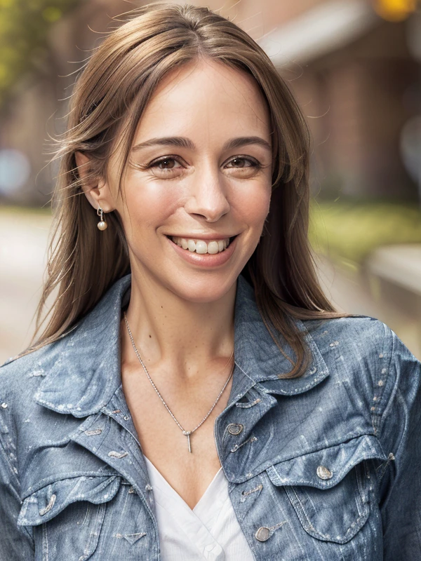 gquality, <lora:vidal-10:1> vidal, 1girl, solo, looking at viewer, smile, jewelry, portrait, necklace, realistic, teeth, outdoors, earrings, grin, blurry background, denim, denim jacket