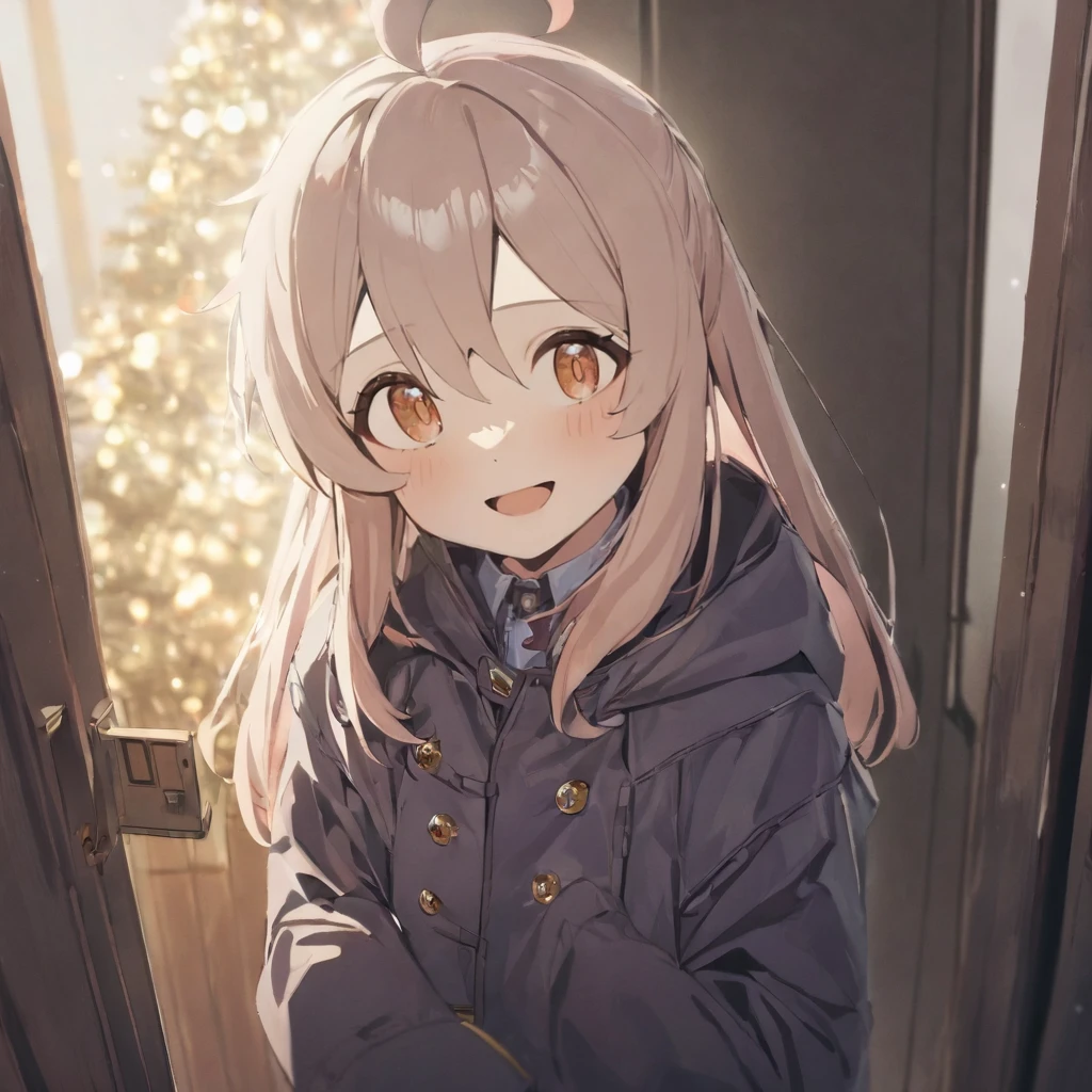 1girl, oyama mahiro, wearing a coat looking happy at christmas, (masterpiece), cinematic, beautiful light, best quality, newest, safe, absurdres <lora:mahiro_xl_rev2:1>