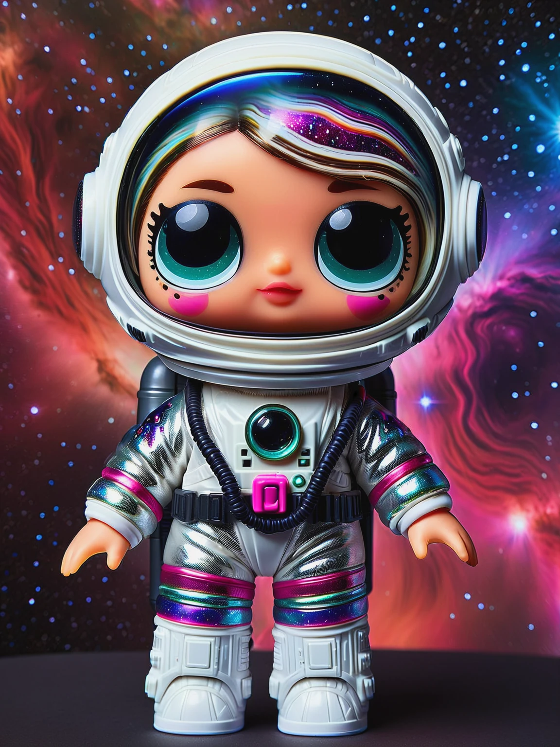 ais-lolz astronaut, with a look of awe, in a shimmering space suit and helmet, floating near a vibrant nebula in deep space. Surrounded by distant stars and galaxies, their face reflects the cosmic wonder of the universe <lora:LOL_Surprise_Style_SDXL:1>