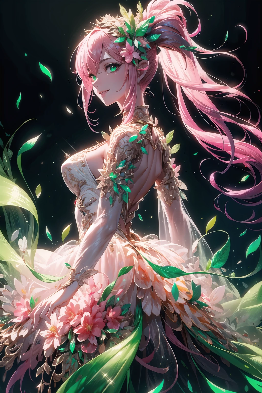 (Masterpiece,  best quality),  top quality,  digital illustration,  (8k),  insanely detailed,  (fodress),  (low ponytail,  long hair:1.4),  ,  (see-through dress),  leaf,  veil,  (hair ornament:1.2),  iridescet,  pink dress,  hyperrealistic,  film grain,  detatched sleeves,  dress,  (pink hair:1.1),  (evening gown),  glitter,  shimmer,  (floral print:1.1),  (perfect female figure:1.1),  mature female,  very long hair,  glowing,  1girl,  see-through,  smile,  (detailed face,  detailed eyes:1.2),  looking at viewer,  (deep depth of field:1.2),  sharp focus,  dyamic osture,  dancing,  cowboy shot,  (intricate details:1.2),  dynamic,  graphite (medium,  gradient dress,  (pink and green theme:1.2),  black trim,  beautiful,  stylish,  white trim,  (extremely detailed),  volumetric lighting,  yuzu, FFIXBG, coralinefilm, stop motion, <lora:EMS-50984-EMS:0.700000>, , <lora:EMS-29977-EMS:0.200000>, , <lora:EMS-7851-EMS:0.400000>, , <lora:EMS-30949-EMS:0.200000>