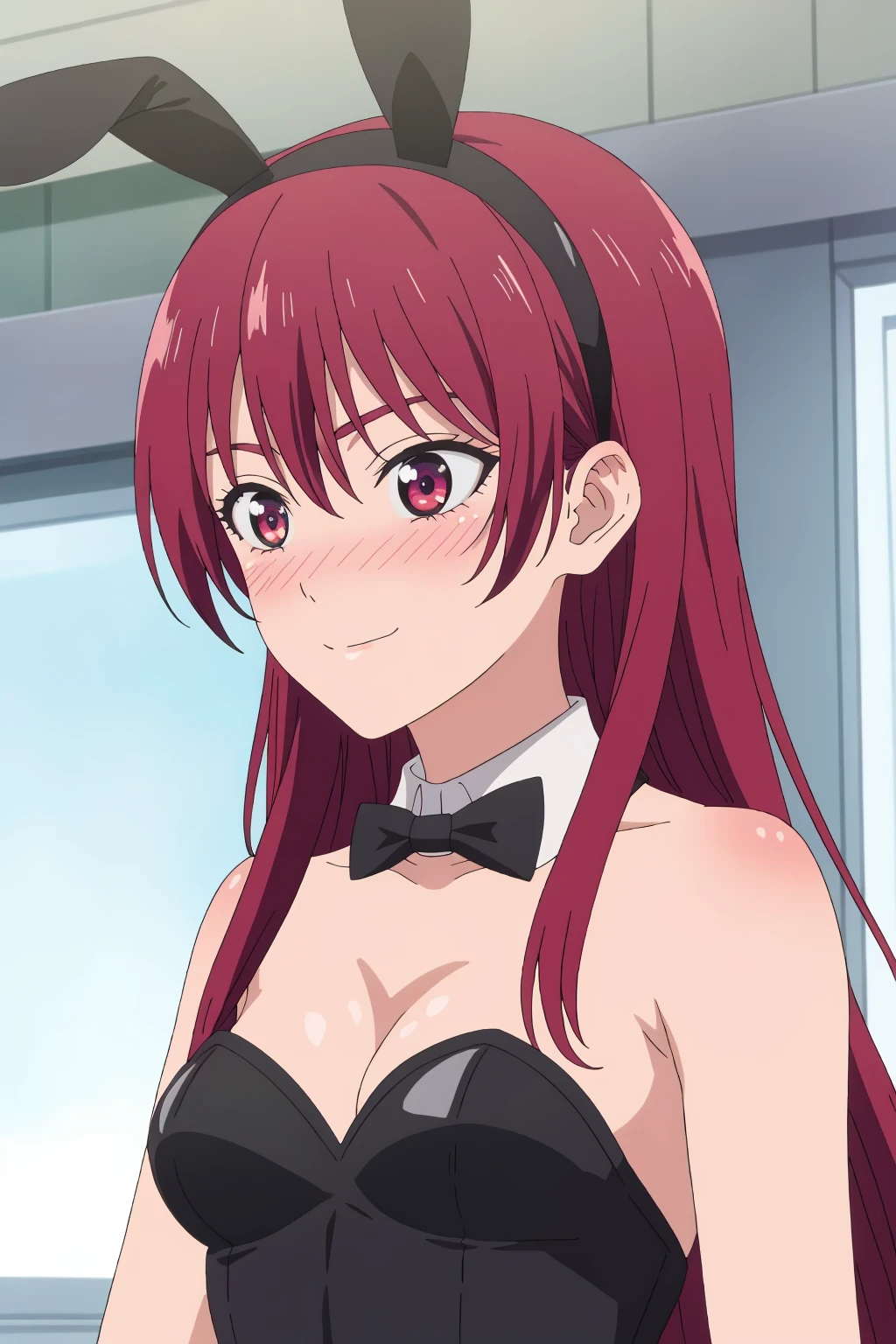 ((best quality)),((highly detailed)),masterpiece,absurdres,detailed face,beautiful face,(detailed eyes, deep eyes),1girl,((dynamic pose)) , <lora:Saki1.4:0.7> , saki, solo, red hair, long hair, rabbit ears, animal ears, playboy bunny, breasts, smile, detached collar, fake animal ears, bow, black leotard, bowtie, leotard, cleavage, blush, shiny, upper body, shiny hair, red eyes, strapless, small breasts, black bow, collarbone, closed mouth, black hairband, black bowtie, indoors, hairband, strapless leotard, bare shoulders, bangs, wing collar, hair between eyes, medium breasts, straight hair, nose blush, shiny skin, looking away