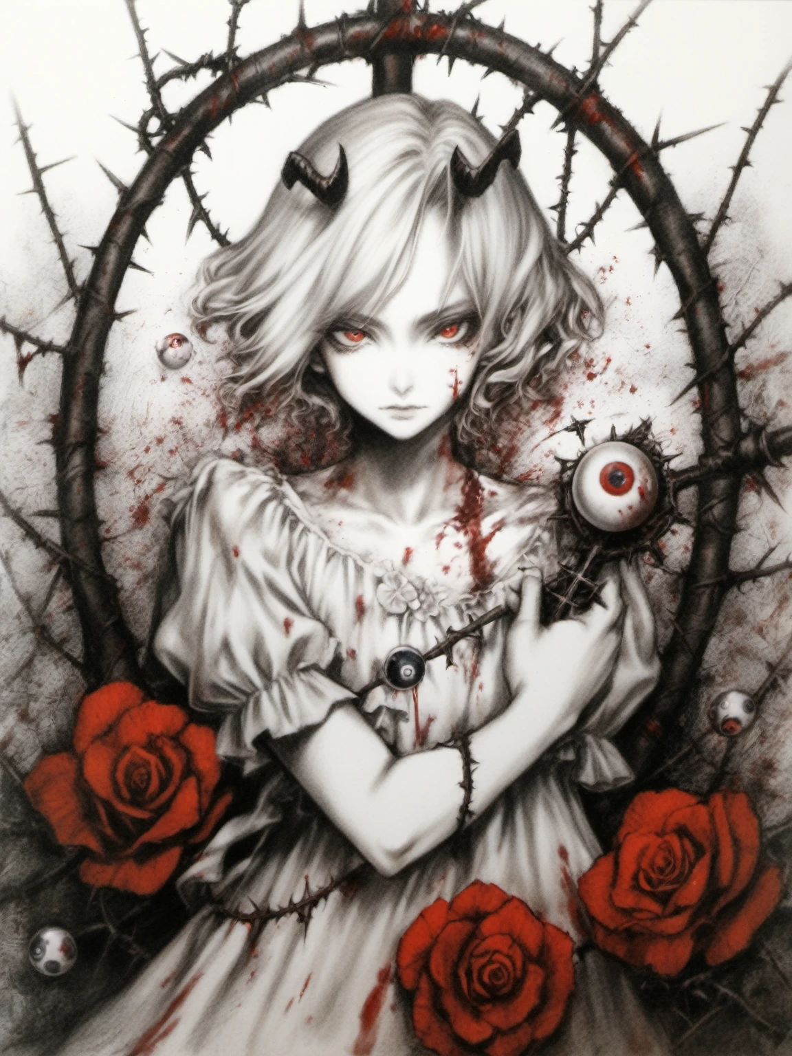 male focus,traditional media,
//,
1girl,red eyes,solo,dress,looking at viewer,holding,frills,white hair,flower,blood,limited palette,cross,halo,eyeball,short hair,closed mouth,white dress,thorns,bow,bangs,horns,rose,
//,
<lora:å°å²æç¾æ¶é­åXL-000015:1>,