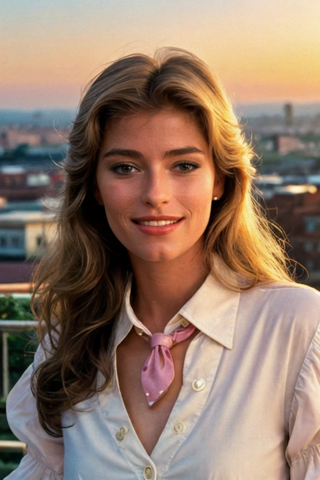 analog film photo solo, tstyle, realistic, ((woman)), (((long brunette hair, Sketchy Two Tones))), (((grin512:1.2))), (((Cropped button-down blouse with a tie-front detail and puffed sleeves))), ((rooftop terrace, panoramic city views, relaxing ambiance, sunset)), ((dynamic pose)), PA7_Human-Likeness, PA7_Photo, high detailed, 8k, clear facial features, pastel themed colorgrade, in style of wes anderson, <lora:PAseer-SD15-LCM Quick:1> <lora:ReaLora:.1> skin <lora:TStyle_-_Photography_Style:.2>  <lora:[US]_-_Marianne_Gravatte:1> mariannegravatte . faded film, desaturated, 35mm photo, grainy, vignette, vintage, Kodachrome, Lomography, stained, highly detailed, found footage