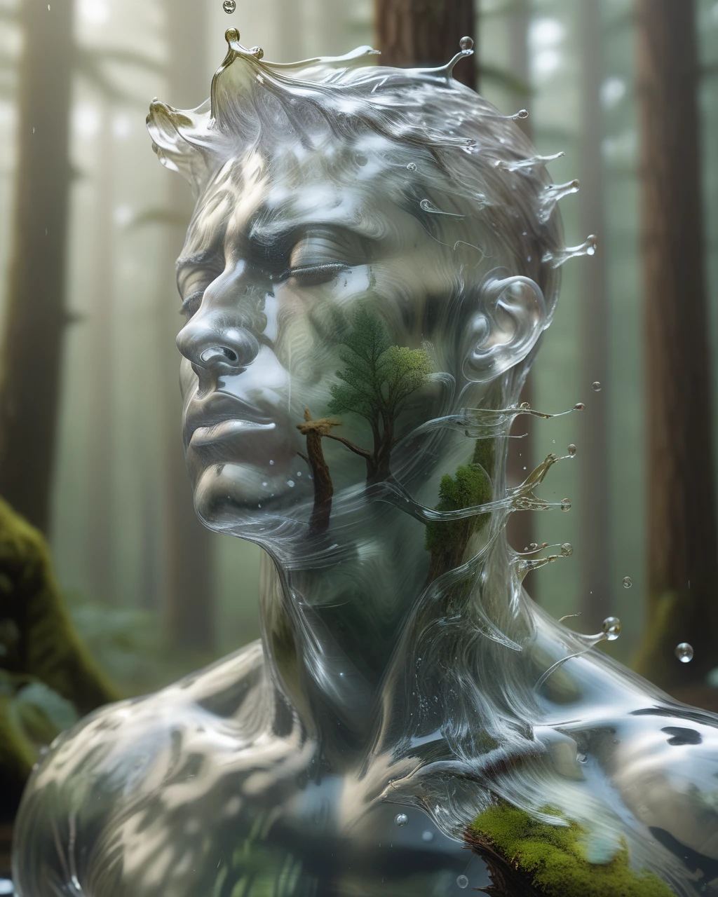 male water elemental,  
portrait, close up shot, front view shot,
fully transparent body,
(open eyes:1.2), closed mouth.
forest and sea background.
 <lora:MaleWaterElemental_Portrait_v1:1>
