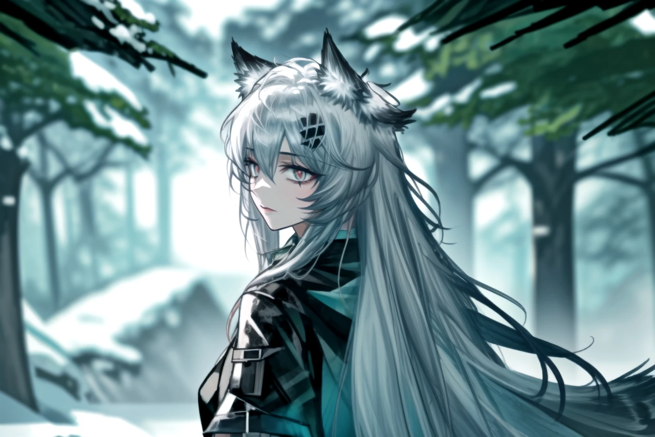 1girl, animal ears, black jacket, crimiko, forest, from behind, grey eyes, hair ornament, hairclip, jacket, long hair, looking at viewer, looking back, nature, scenery, snow, solo, tree, upper body, white hair, wolf ears, wolf girl, lappland arknights, highres, arknights