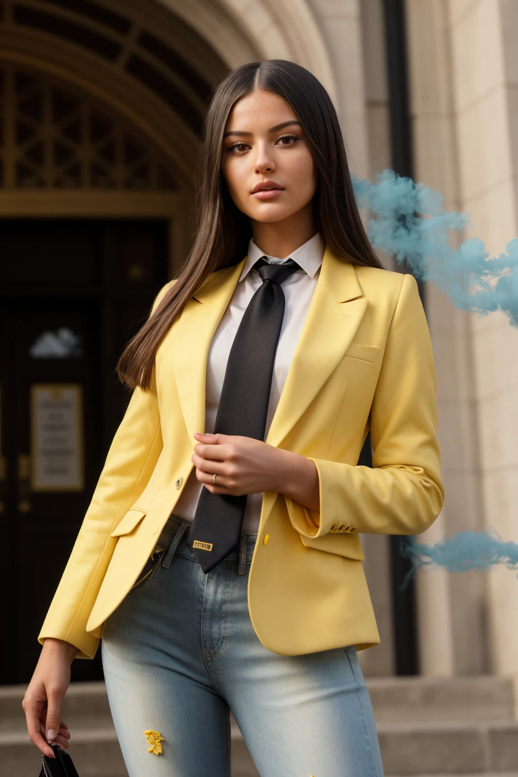(CINEMATIC SHOT:1.4)(Crowded College Campus:1.4) ((CLOSE-UP SHOT, ZOOM ON FACE:1.3)) College Girl TrualityCampus_Monique (with bright blue eyes:1.2) (tucked White Formal Shirt 1.3)(Yellow Blazer:1.4)(Necktie:1.5)(Jeans:1.4)((Photo Focus, DOF, Aperture, insanely detailed and intricate, character, hypermaximalist, elegant, ornate, beautiful, exotic, revealing, appealing, attractive, amative, hyper realistic, super detailed, heresy flares))(volumetric yellow smoke:1.3) (standing in front of a college entrance)