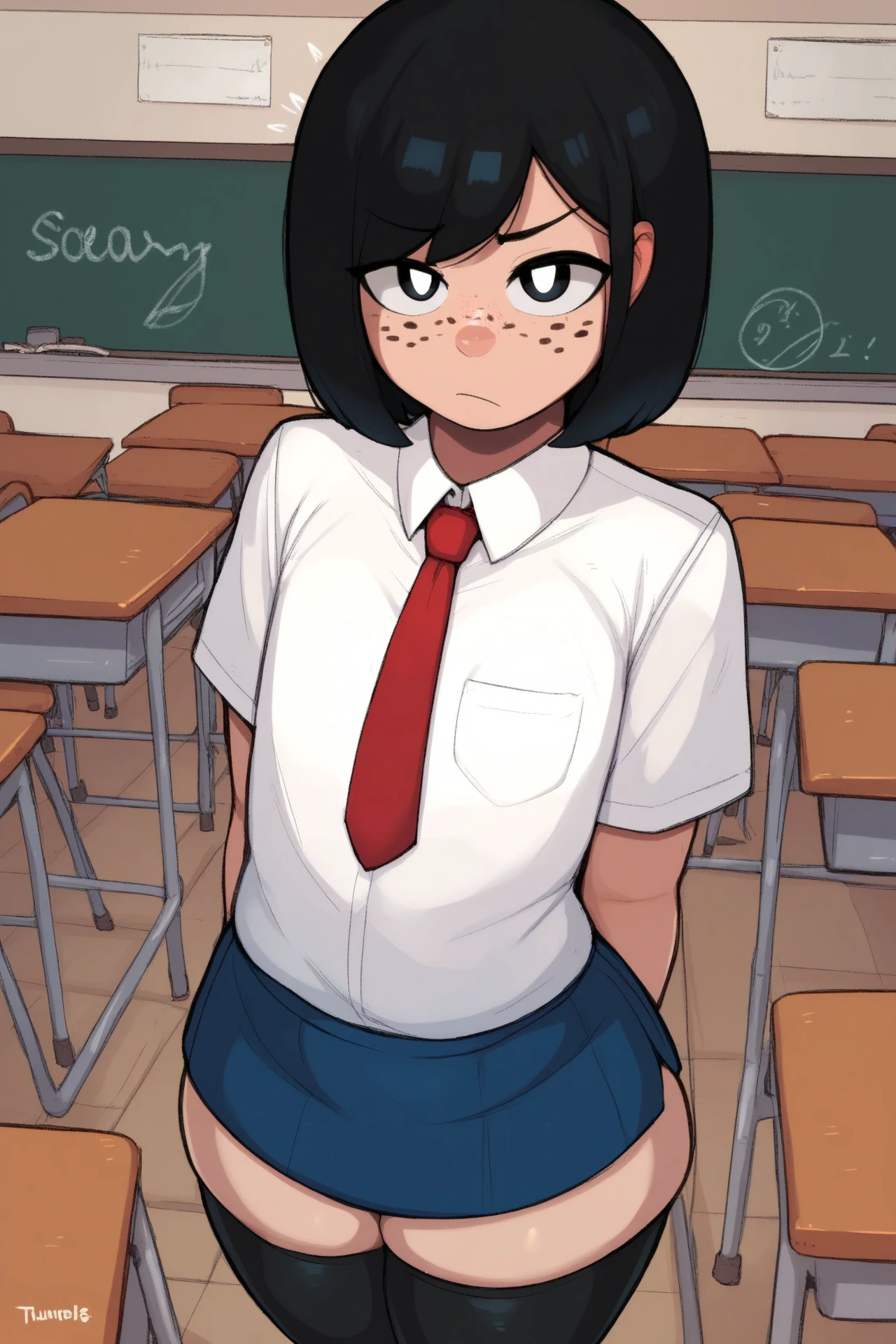 score_9, score_8_up, score_7_up, score_6_up, score_5_up, score_4_up, classroom, front view, looking at viewer, raised eyebrow, confused, black eyes, white pupils, freckles, female, human, black hair, short hair, swept bangs, flat chested, thick thighs, standing, white formal shirt, blue skirt, red necktie, black thigh highs