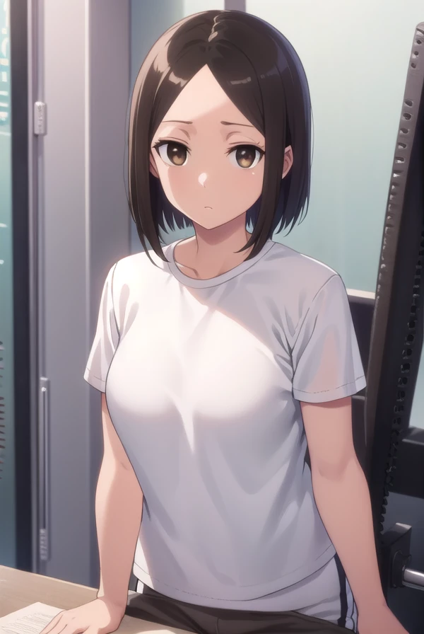 satomitachibana, <lora:satomi tachibana s1-lora-nochekaiser:1>,
satomi tachibana, short hair, black hair, (brown eyes:1.5),
BREAK shirt, white shirt, short sleeves, shoes, shorts, bike shorts, t-shirt, sneakers, gym uniform,
BREAK indoors, gym,
BREAK looking at viewer,
BREAK <lyco:GoodHands-beta2:1>, (masterpiece:1.2), best quality, high resolution, unity 8k wallpaper, (illustration:0.8), (beautiful detailed eyes:1.6), extremely detailed face, perfect lighting, extremely detailed CG, (perfect hands, perfect anatomy),