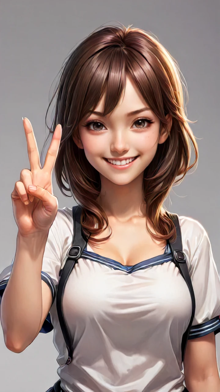 closeup, anime, middle finger gesture, pretty girl, smiling, illustration