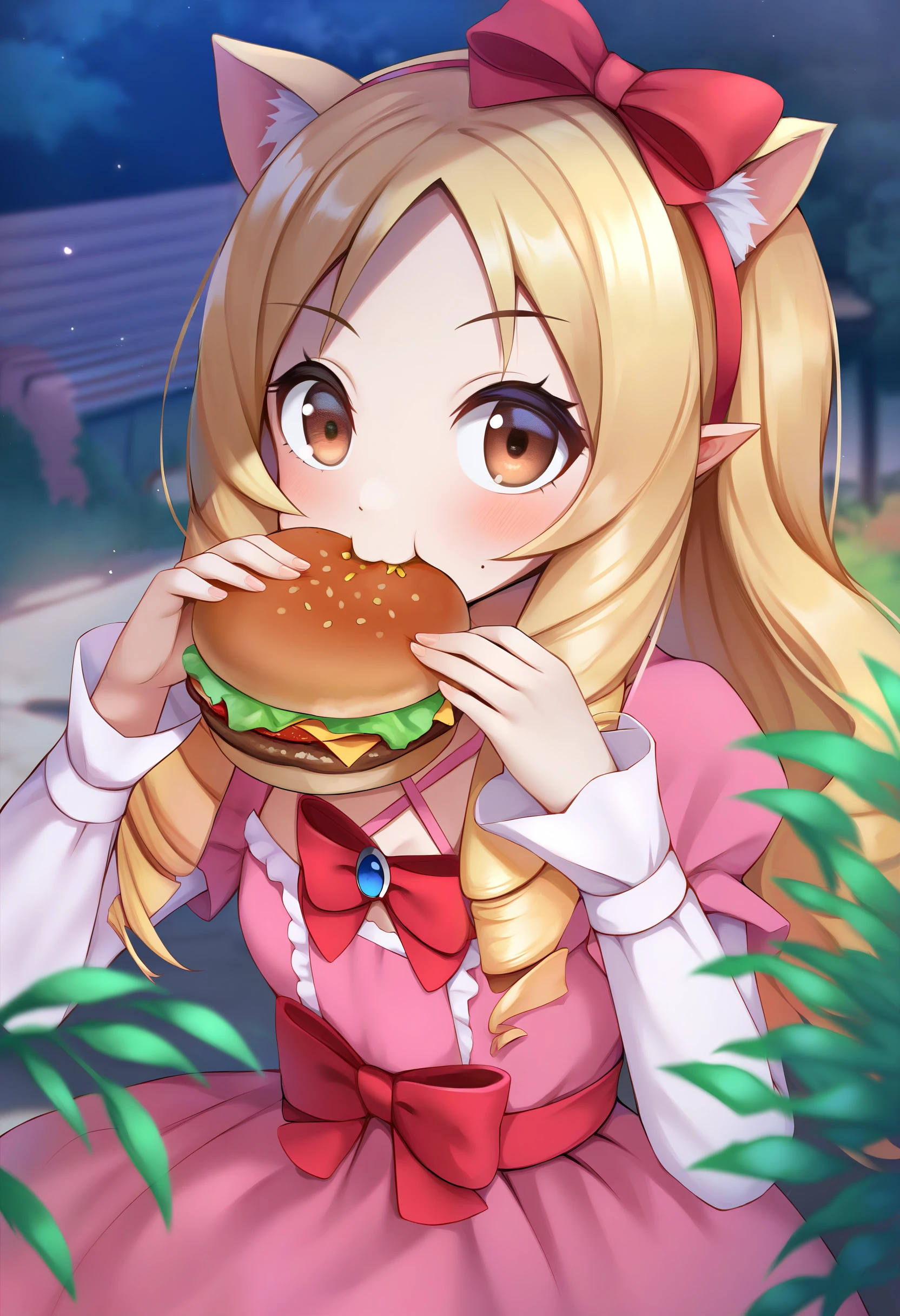 score_9, yamada elf, 1girl, solo, looking at the viewer, blonde hair, long hair, drill hair, brown eyes, pointy ears, small breasts, red hairbow, hairband, pink dress, bow, cat ears, upper body, long sleeves, outdoors, eating, burger, holding_food  <lora:Yamada_Elf-XL-pony:0.8>