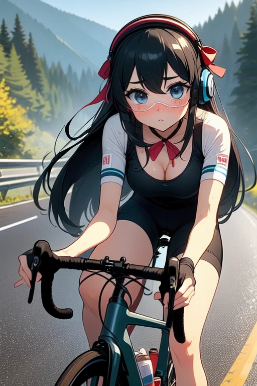 (((masterpiece))), (((best quality))), (((riding a road bike))), downhill, steep slope, eye shield, headphones, cycling shorts, wind, speed lines effect, solo, 1girl, ribbon, longhair, cleavage, big tits, shy. blush, <lora:girllikeroadbike:1>