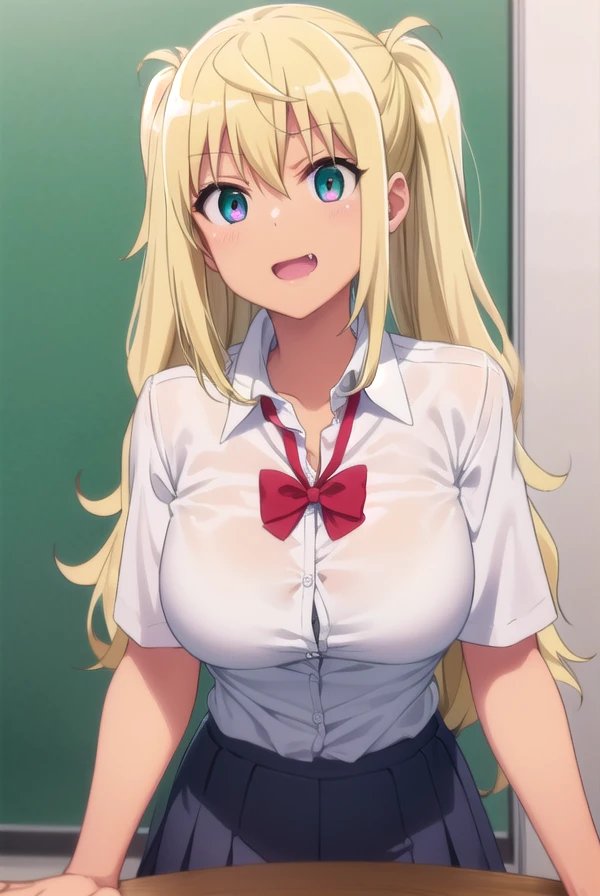 hibikisakura, <lora:hibiki sakura s1-lora-nochekaiser:1>,
hibiki sakura, long hair, blonde hair, hair between eyes, twintails, (green eyes:1.3), fang, dark skin, dark-skinned female, gyaru, smile, open mouth,
BREAK skirt, shirt, bow, school uniform, white shirt, short sleeves, collared shirt, bowtie, red bow, red bowtie,
BREAK indoors, classroom,
BREAK looking at viewer,
BREAK <lyco:GoodHands-beta2:1>, (masterpiece:1.2), best quality, high resolution, unity 8k wallpaper, (illustration:0.8), (beautiful detailed eyes:1.6), extremely detailed face, perfect lighting, extremely detailed CG, (perfect hands, perfect anatomy),