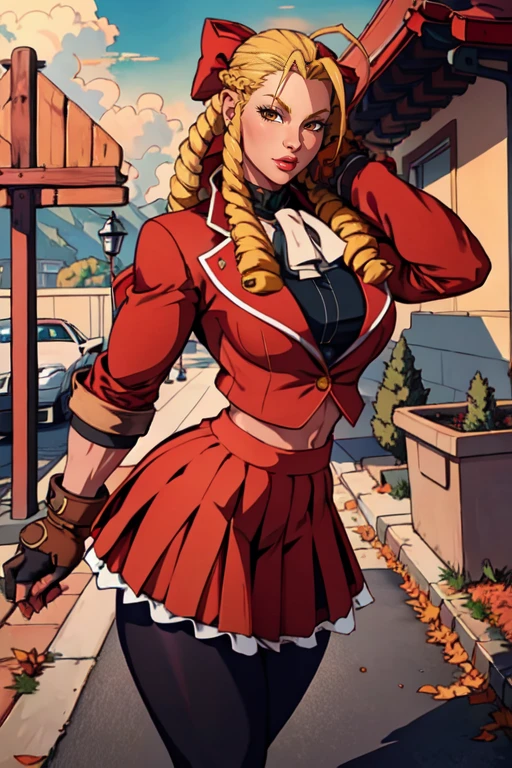 masterpiece,best quality,extreme detail,8k,<lora:karin:0.8>,karinsf5,1girl,solo,long hair,red skirt,blonde hair,gloves,bow,school uniform red,hair bow,pantyhose,fingerless gloves,lips,black pantyhose,antenna hair,hair pulled back,ringlets,cowboy shot,upper body,brown eyes,muscular,wide hips,