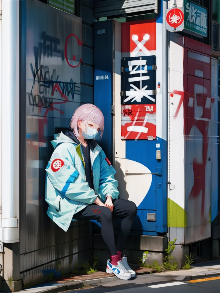 <lora:tamerai-12:1>sitting, looking away, outdoors, jacket, shoes, face mask, graffiti, japanese text, english text, masterpiece, best quality