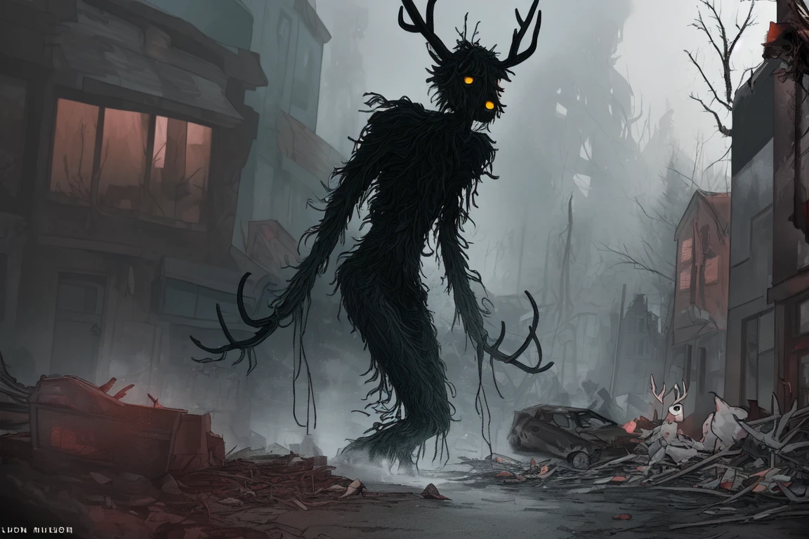 the wendigo in the destroyed small town, detailed town, cute horror, endingsart, illustration, color theory, (cute town:1.3), monster with antlers
<lora:cuteFT1-000008:1>