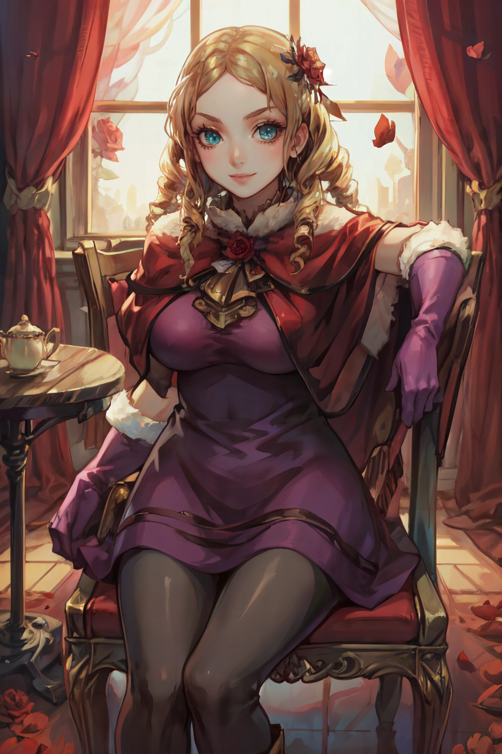 (masterpiece, best quality, ultra detailed, beautiful illustration), atmospheric perspective, depth of field, looking at viewer, beautiful detailed eyes, anime eyes:1.4, (portrait, close-up), dynamic pose, dynamic angle, (outdoors, medieval city, sunset), 1girl, :d, short, (huge breasts), <lora:ValkyrieProfile_Jelanda:1>, JelandaVP, drill hair, ribbon, capelet, purple dress, gloves, pantyhose, boots, jewelry, (waving)