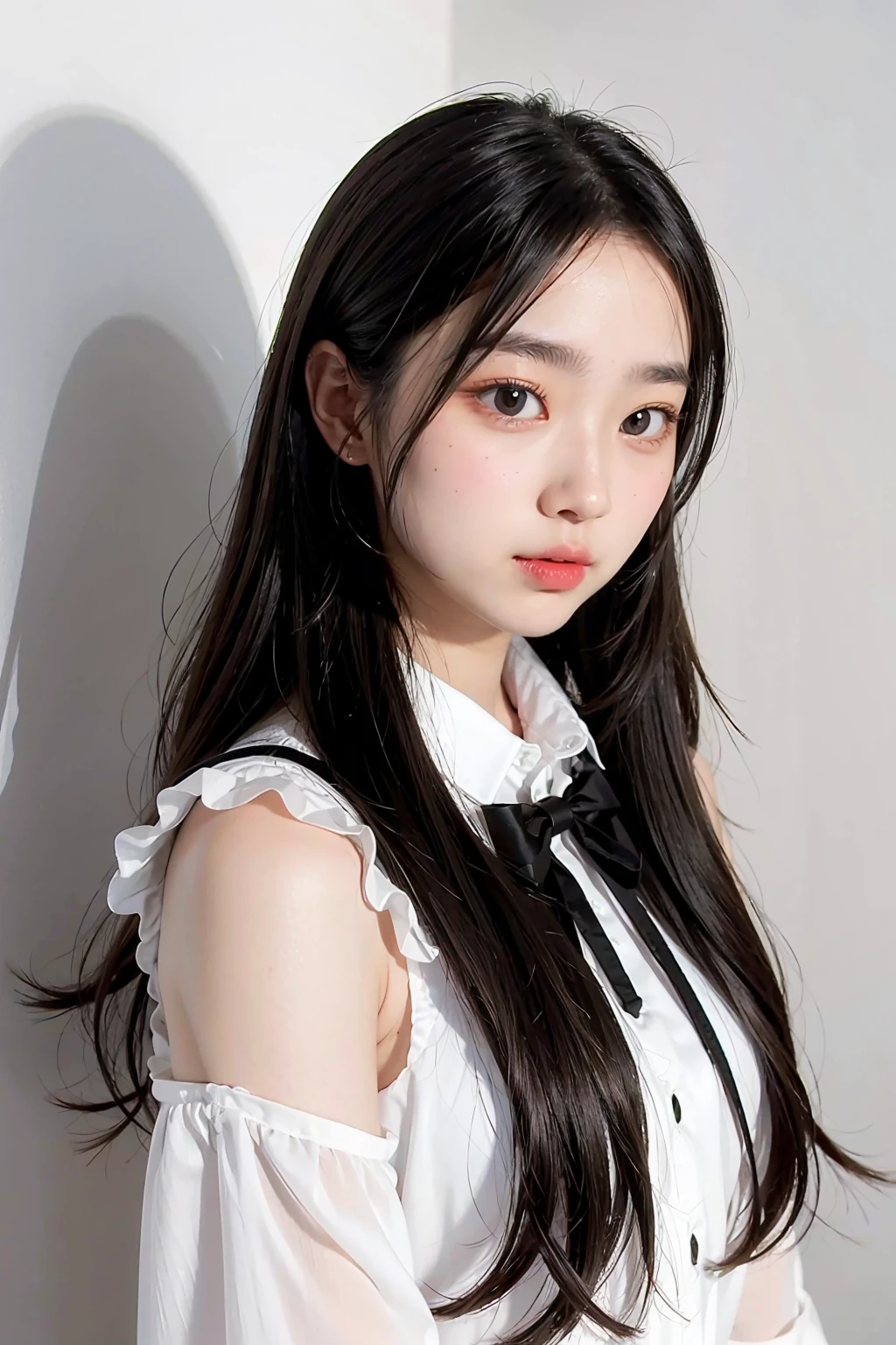 1girl, black random formal attire, white background, <lora:pimkrp-02:1>