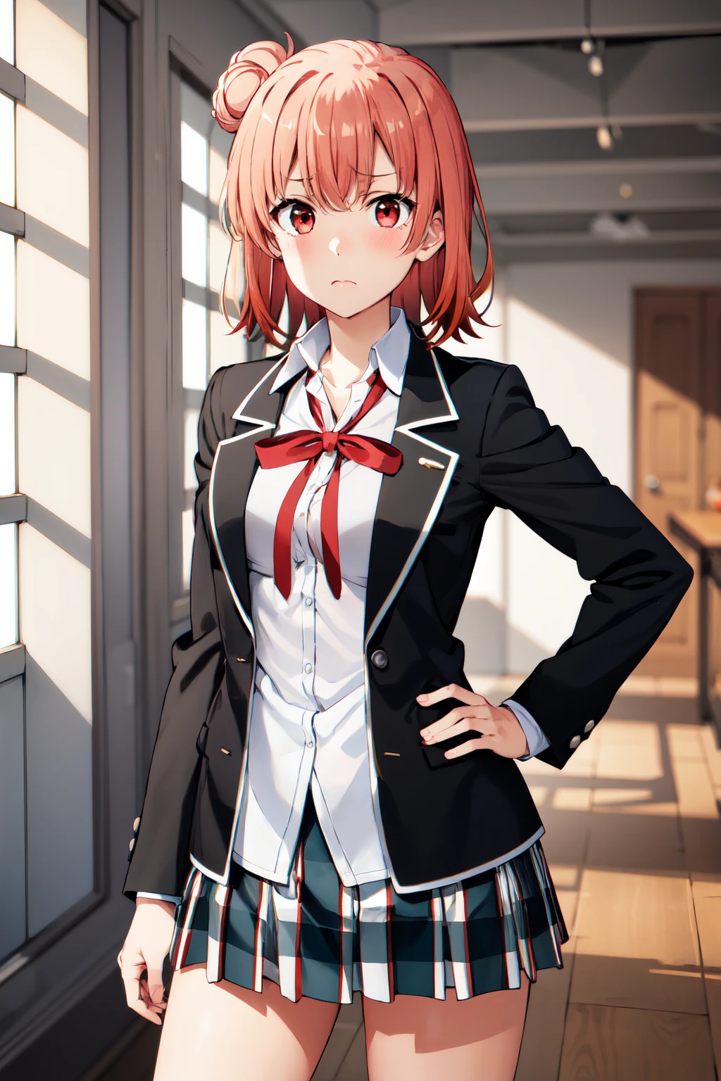 masterpiece, best quality, highres, aayui, short hair, single hair bun, red eyes, breasts, collarbone, neck ribbon, white shirt, dress shirt, blazer, black jacket, open jacket, long sleeves, plaid skirt, <lora:yuigahama_yui_v1:0.7>, frown, hand on hip, standing, cowboy shot, indoors