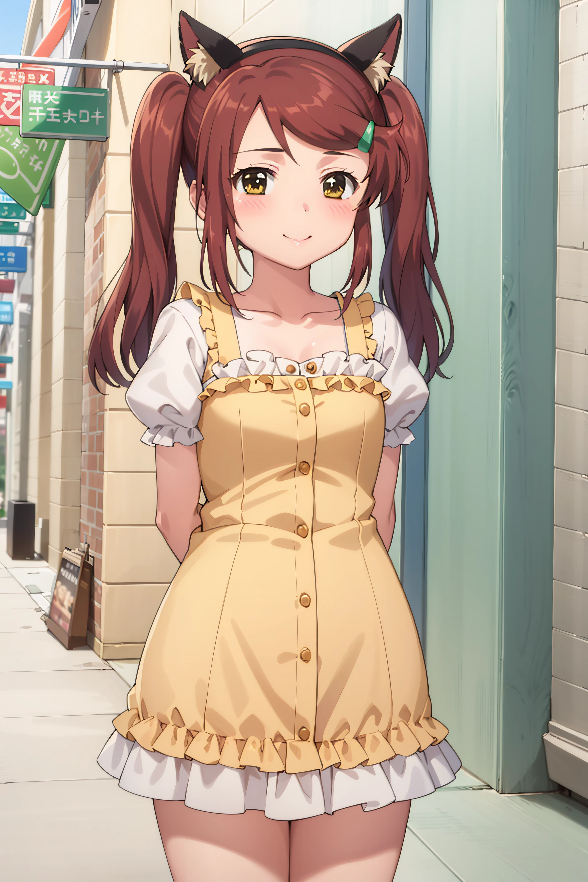 best quality, masterpiece, detailed,
<lora:KissXSis_SuminoeAko:0.8>, Ako,
1girl, closed mouth, light smile, blush,
brown hair, brown eyes, long hair, twintails, hairclip,fake animal ears,
AkoNeko, orange dress, short sleeves, puffy sleeves, collarbone,
standing, arms behind back, looking at viewer,
shopping street