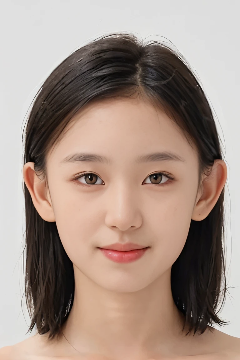 (masterpiece, top quality, best quality, (close-up photograph: 2), ((1girl)), korean, fair skin, (extremely detailed face), ((looking at viewer)), ((((ultra-detailed eyes and pupils)))),((((ultra-detailed lips)))) cheekbone, plump cheeks, ((bare pectorals)), ((bare chest)), ((tube dress)), bare head, ((bare shoulders)), symmetrical frame, (((strapless))), ((closed lips)), (((smile))), ((symmetrical pose)), (symmetrical face: 1.6), 35mm, ((((minimal plain white background)))), ((no lighting)), long hair, no watermark, ((medium hair)), <lora:jiayi:0.7>