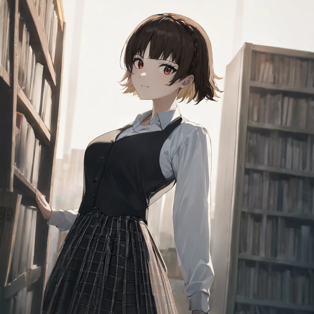 1girl, niijima makoto, wearing black vest and white shirt, skirt, standing by school library, (masterpiece), cinematic, beautiful light, best quality, newest, safe, absurdres  <lora:makoto_xl_rev2:1>