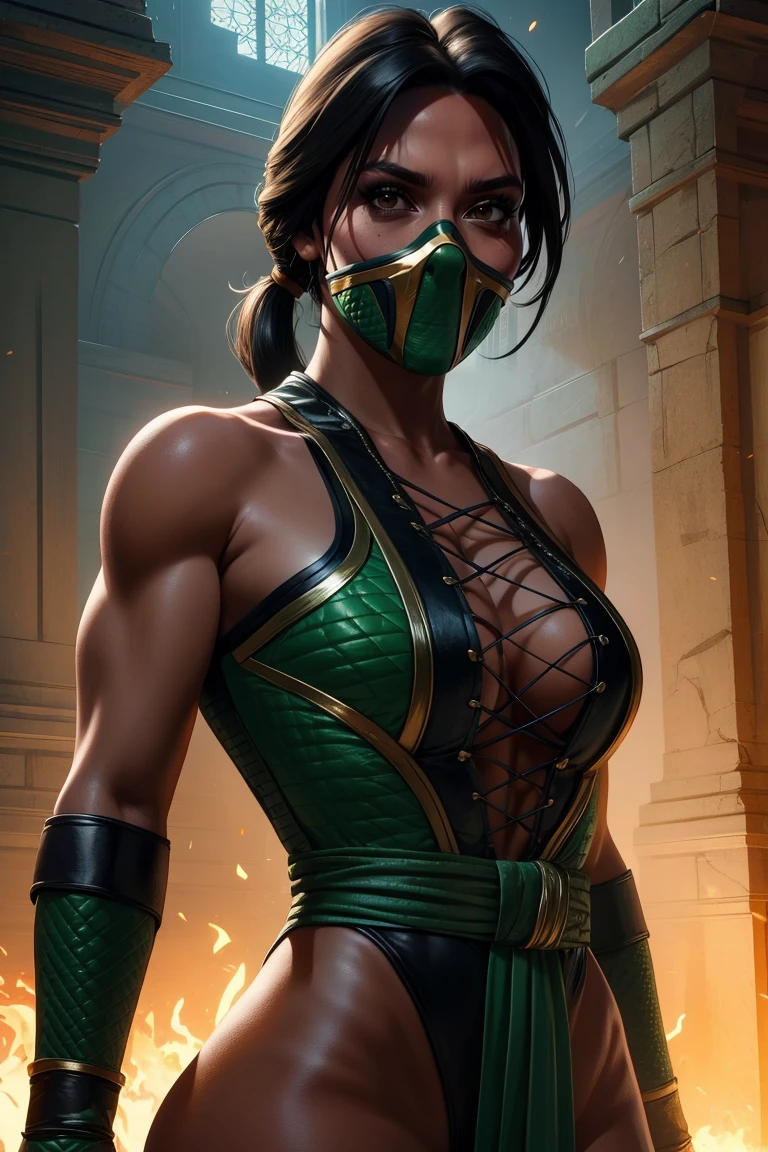 jade,black hair,brown eyes,low ponytail,mouth mask,
solo,standing,upper body,looking at viewer,
green leotard,pelvic curtain,
mortal kombat,palace,morning,
(insanely detailed, beautiful detailed face, masterpiece, best quality) cinematic lighting,solo,<lora:JADE-11MK11v8:0.8>,
