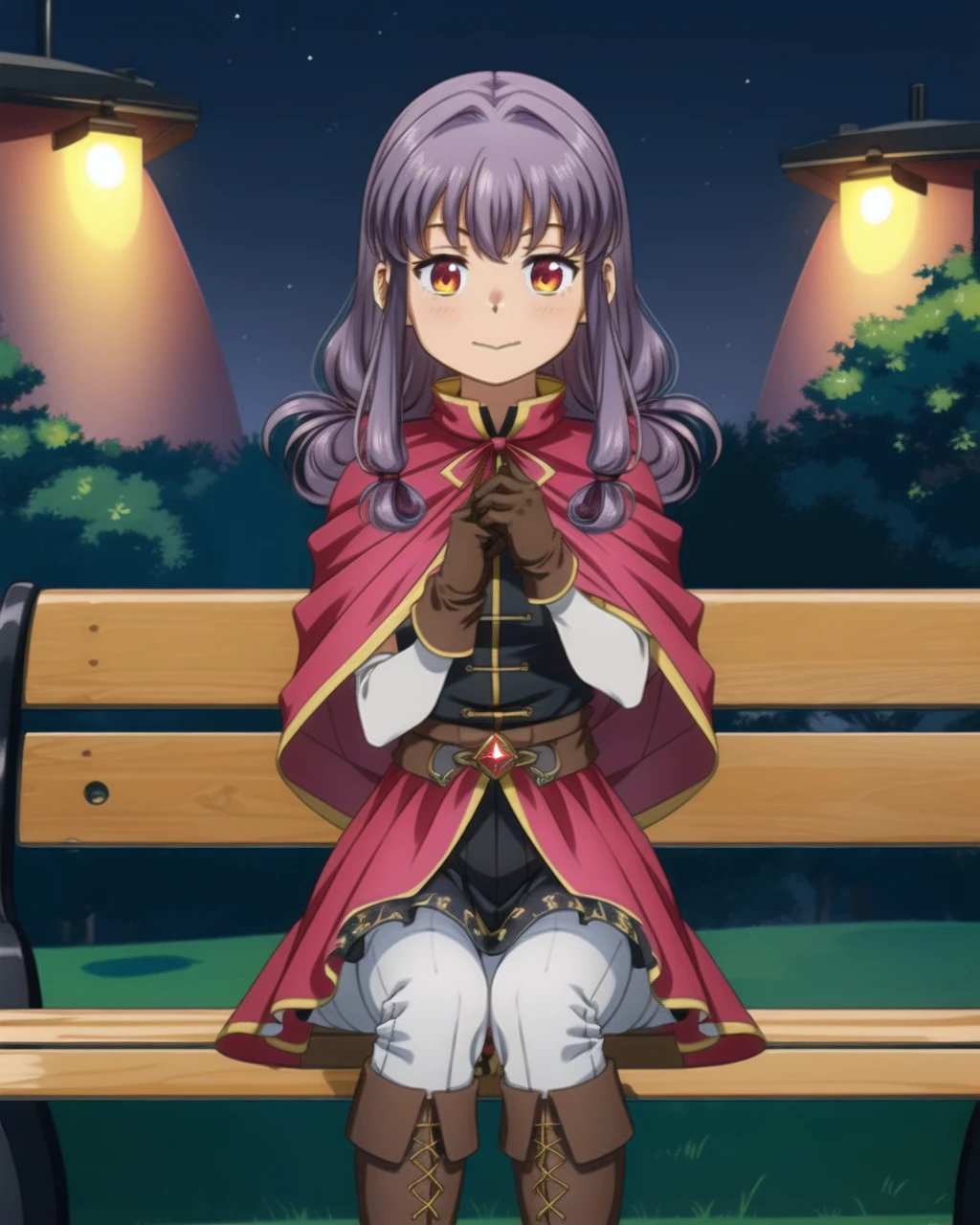 masterpiece, best quality, 1girl, solo, vivid color, absurdres, perfect anatomy, jenna, ponytail, purple cape, red shirt, vest, brown skirt, shoes, closed mouth, smile, sitting, tavern, medieval, wooden chair, crossed_legs, potion, night, candlelight, from_side, looking away, staff, <lora:jenna-nvwls-v1-final:.8>