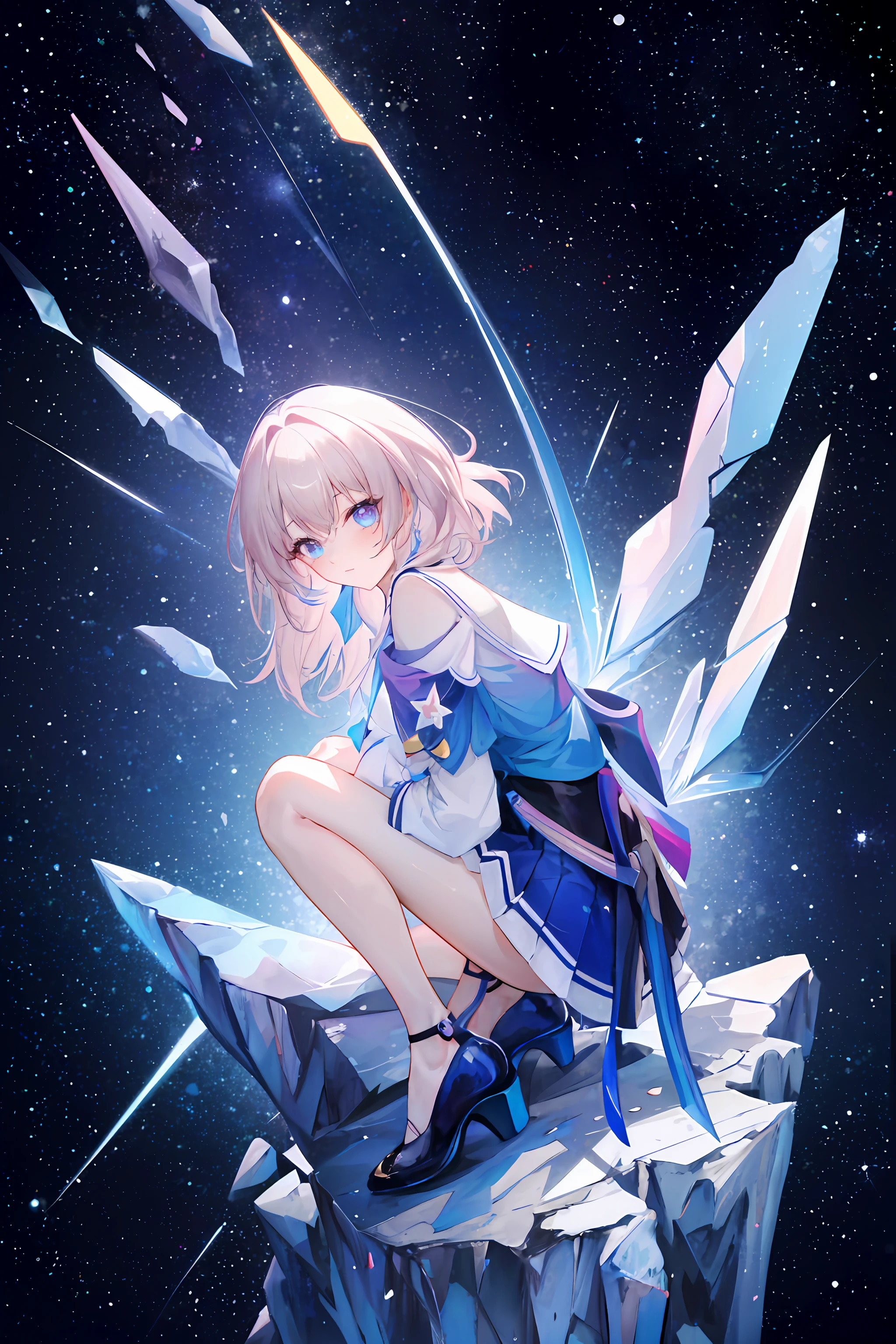 ((masterpiece,best quality)), 1girl, march7th, black heels, floating, galaxy, star \(sky\), from side,
