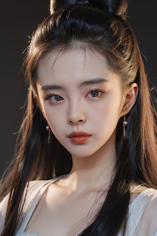 <lora:niexiaoqian-v2:1>,niexiaoqian, 1girl, earrings, jewelry, black hair, realistic, chignon, long hair, hair behind ear, bow, hair bow, solo, looking at viewer, brown eyes, simple background, hair bun, chinese clothes, hanfu, best quality , masterpiece, illustration, an extremely delicate and beautiful, extremely detailed ,CG,unity,8k wallpaper, Amazing, finely detail, masterpiece, best quality,official art,extremely detailed CG unity 8k wallpaper,absurdres, incredibly absurdres, huge filesize , ultra-detailed, highres, extremely detailed,beautiful detailed girl, extremely detailed eyes and face, beautiful detailed eyes,light on face,