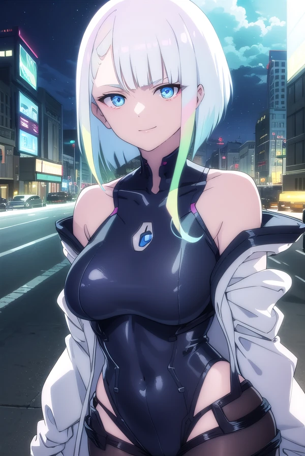 cyberpunklucy, <lora:cyberpunk lucy s1-lora-nochekaiser:1>, 
lucy, short hair, bangs, blue eyes, blue hair, multicolored hair, makeup, (multicolored eyes:1.3), smile,
BREAK bare hips, bodysuit, jacket, leotard, monowire, off shoulder, off-shoulder jacket, open clothes, open jacket, skindentation,
BREAK outdoors, city, moon, night, sky, clouds,
BREAK looking at viewer, (cowboy shot:1.5),
BREAK <lyco:GoodHands-beta2:1>, (masterpiece:1.2), best quality, high resolution, unity 8k wallpaper, (illustration:0.8), (beautiful detailed eyes:1.6), extremely detailed face, perfect lighting, extremely detailed CG, (perfect hands, perfect anatomy),