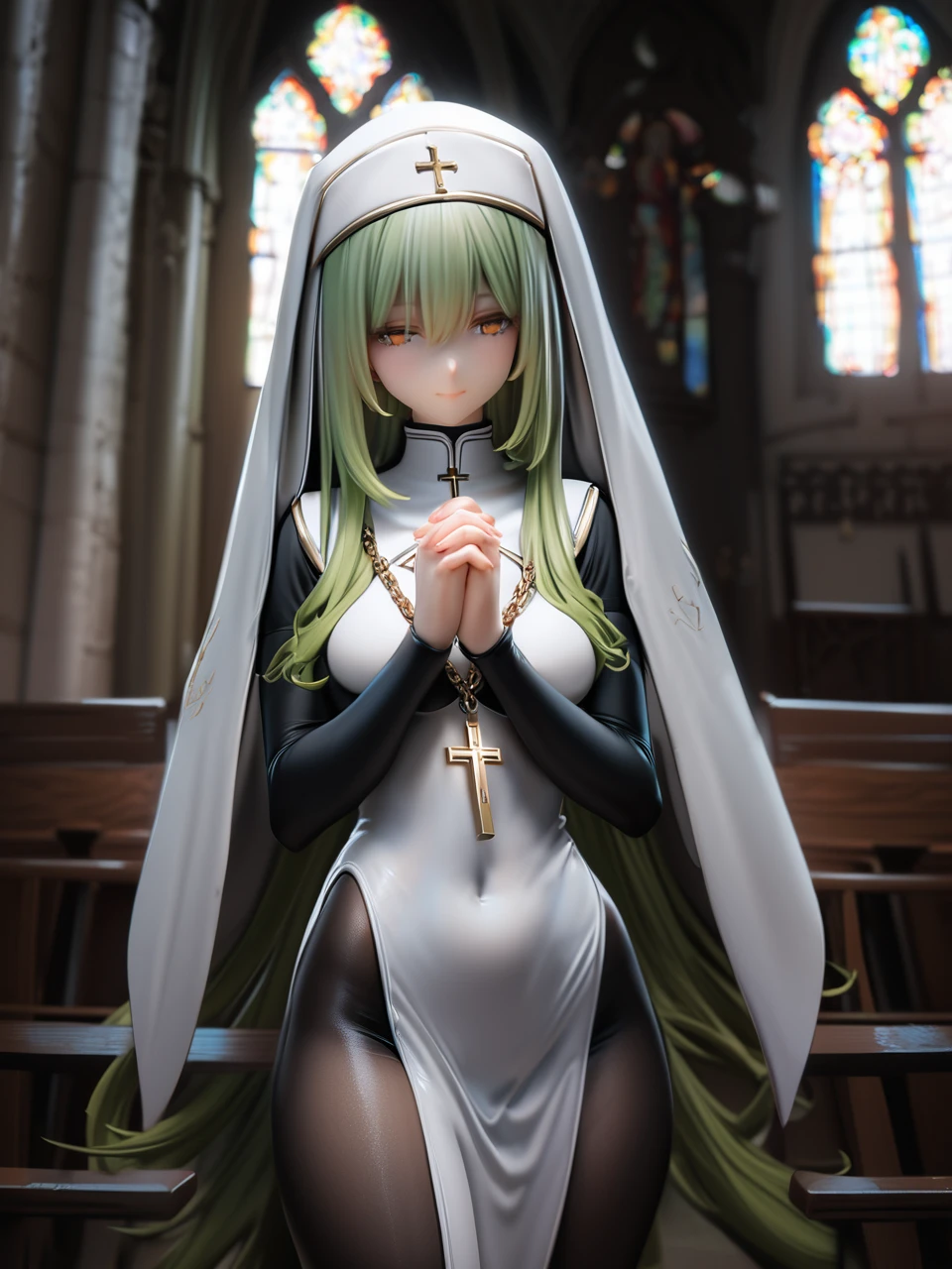 masterpiece, best quality, 1girl, cowboy shot, praying, own hands together, ð,green hair, very long hair, koudai, bodystocking, green hair, nun, veil, chain,, light smile, orange eyes, (church:1.3), indoors, (half-closed eyes:0.9), cross necklace,
<lora:PVC_XL_ver1.0:1>