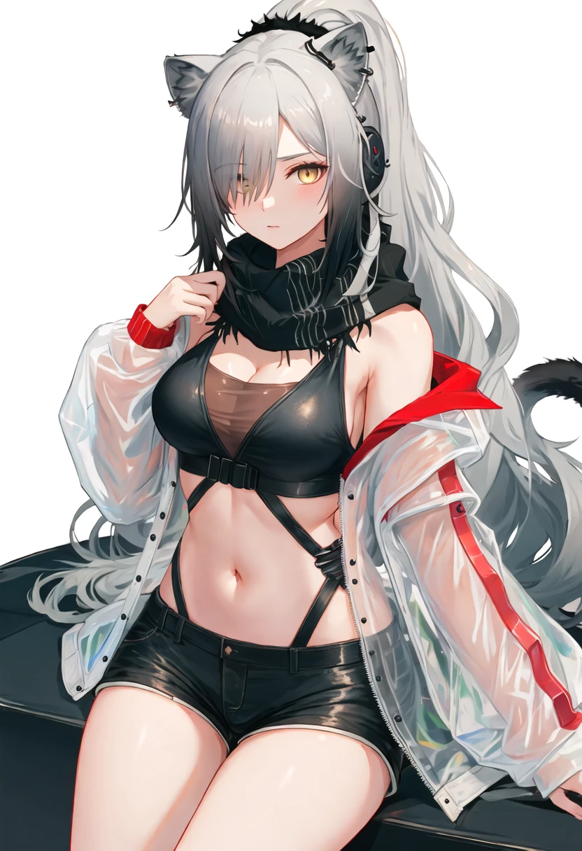 best quality, masterpiece, highres, solo, {schwarz_arknights:0.90}, 1girl, black_scarf, black_shorts, crop_top, long_sleeves, midriff, navel, open_jacket, short_shorts, stomach, white_jacket, cleavage, looking_at_viewer, see-through, simple_background, thighs, white_background, animal_ear_fluff, cowboy_shot, hair_over_one_eye, off_shoulder, sitting