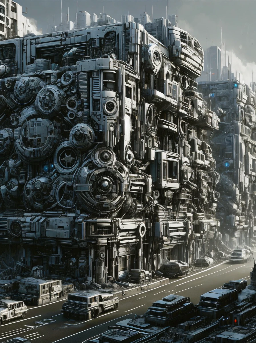 ais-mechdystopia soldier, patrolling war-torn streets, amidst rubble and holographic signs, under a clouded, starless night <lora:Mechanical_Dystopia_SD1.5:1>