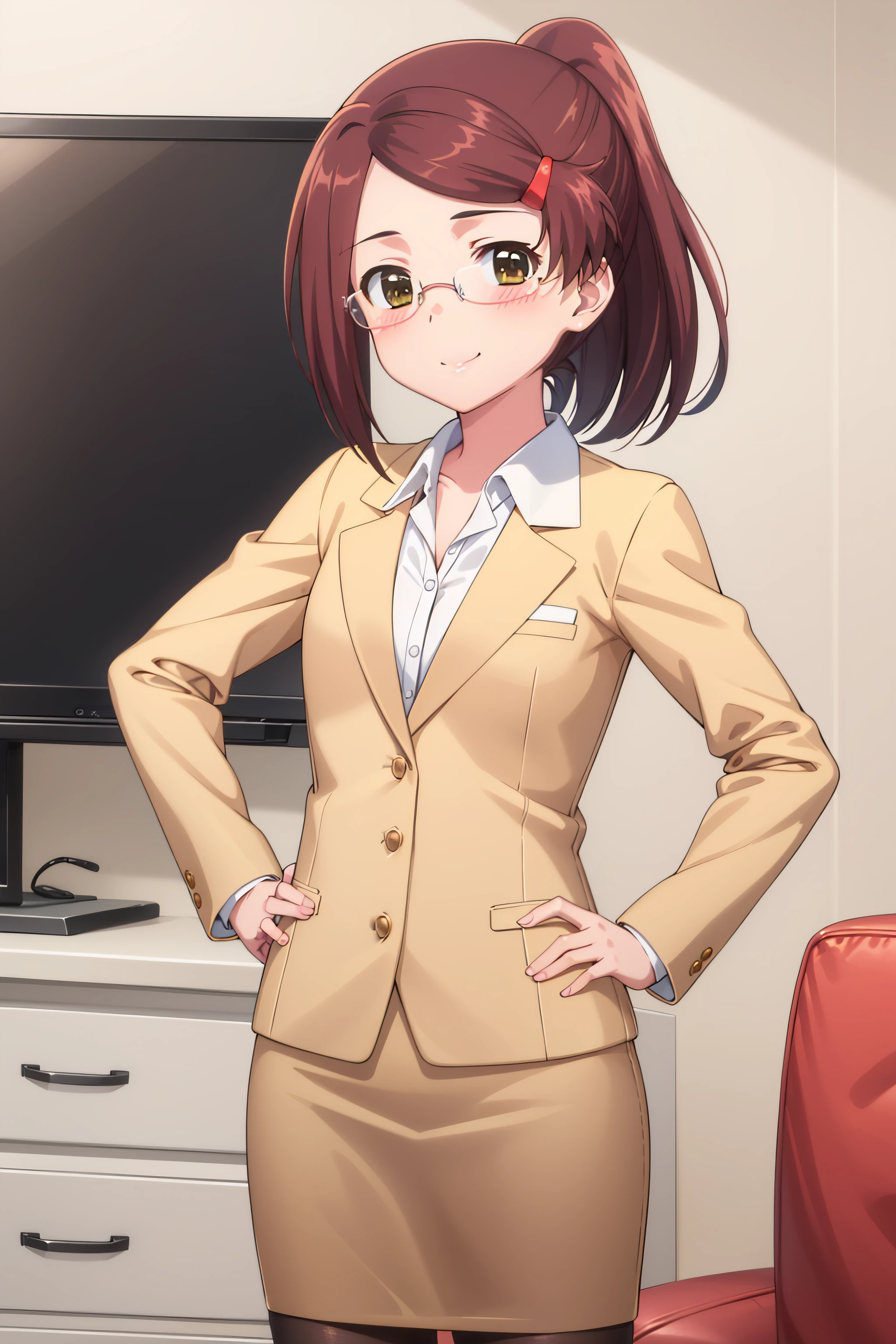 best quality, masterpiece, detailed,
<lora:KissXSis_SuminoeAko:0.8>, Ako,
1girl, closed mouth, light smile, blush,
brown hair, brown eyes, short hair, ponytail, hairclip,
AkoOffice, jacket, pencil skirt, brown skirt, teacher, glasses,
standing, hand on hip, looking at viewer,
indoors, couch, television, living room