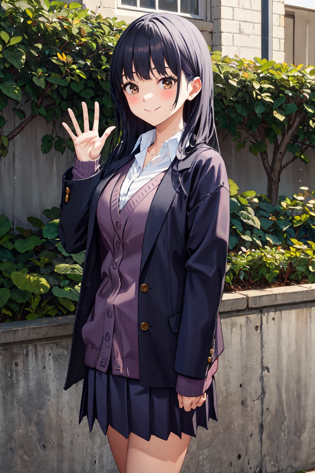 masterpiece,best quality,highres,ultra-detailed,aaanna,long hair,bangs,large breasts,school uniform,jacket,long sleeves,blue jacket,blazer,open clothes,cardigan,purple cardigan,shirt,white shirt,sleeves past wrists,blue skirt,(black socks:1.2),loafers,brown footwear,<lora:yamada_anna:0.9>,outdoors,standing,:smile,cowboy shot,waving,