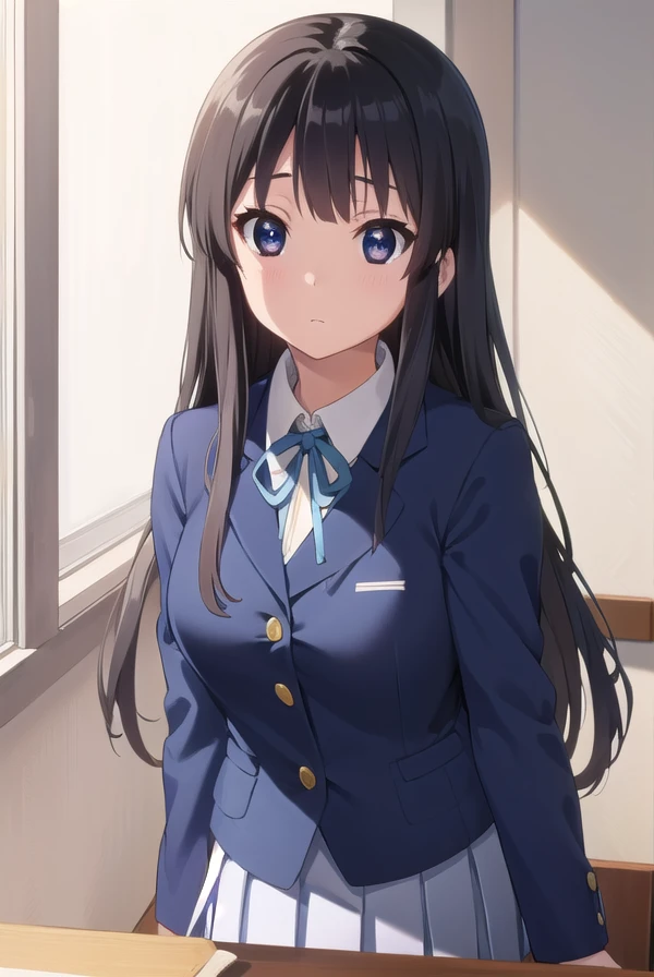mioakiyama, <lora:mio akiyama s2-lora-nochekaiser:1>, 
mio akiyama, long hair, bangs, black hair, (black eyes:1.3), hime cut,
BREAK sakuragaoka high school uniform, school uniform, uniform, blazer, shirt, white shirt, collared shirt, skirt, pleated skirt,
BREAK indoors, classroom,
BREAK looking at viewer, (cowboy shot:1.5),
BREAK <lyco:GoodHands-beta2:1>, (masterpiece:1.2), best quality, high resolution, unity 8k wallpaper, (illustration:0.8), (beautiful detailed eyes:1.6), extremely detailed face, perfect lighting, extremely detailed CG, (perfect hands, perfect anatomy),