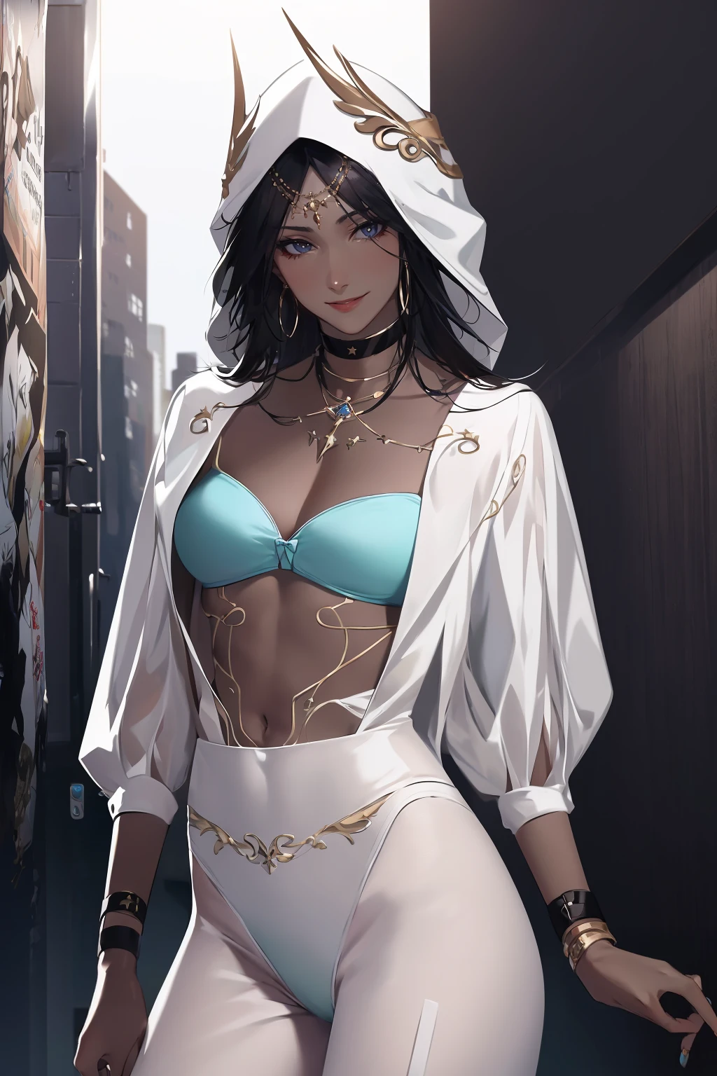 (solo,1girl, absurdres, highres, official wallpaper, poster, wallpaper,masterpiece, best quality, (illustration, realistic), perfect details, highest detailed, extreme detailed,dramatic light),<lora:stargazer:1>,(stargazer, dark skin),(hood, lingerie, underwear, print, panties, white pantyhose),(city, street, sunlight),(standing, evil smile),