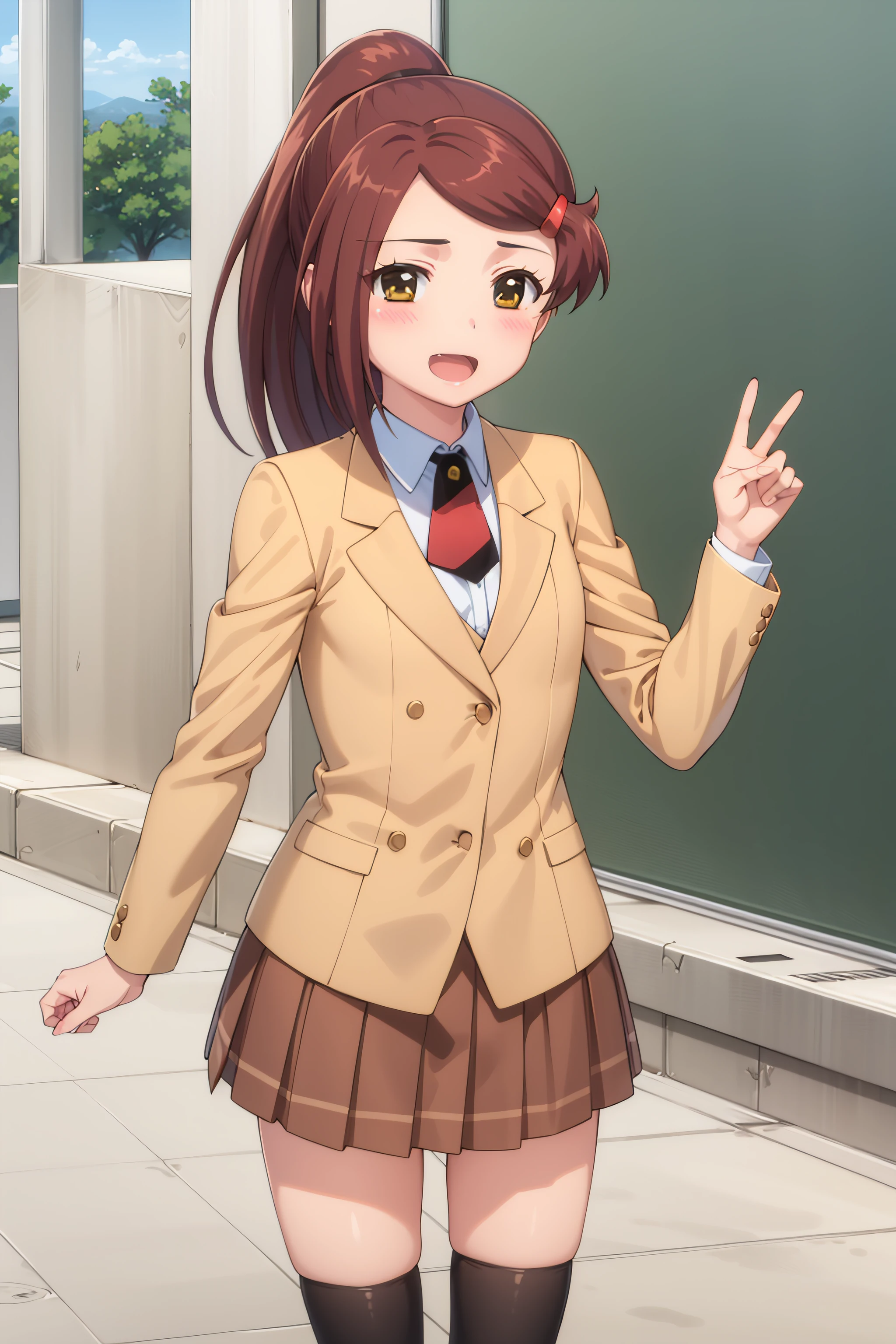 best quality, masterpiece, detailed,
<lora:KissXSis_SuminoeAko:0.8>, Ako,
1girl, open mouth, light smile, blush,
brown hair, brown eyes, long hair, ponytail, hairclip,
AkoSchool, brown blazer, white shirt, necktie, pleated skirt, brown skirt, kneehighs,
standing, looking at viewer,
school, courtyard