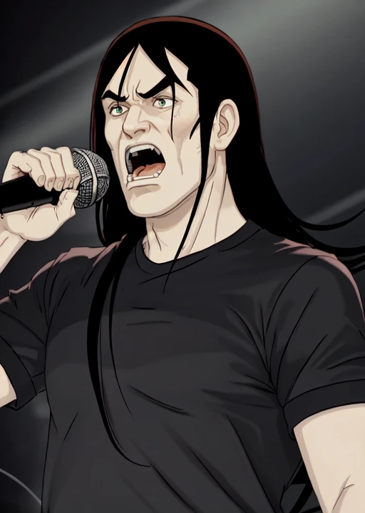 dethklok, nathan, long dark hair, black shirt, buff, nuscles, microphone, shout, (profiles:0.4), <lora:Dethklok_Metalocalypse-000012:0.9>