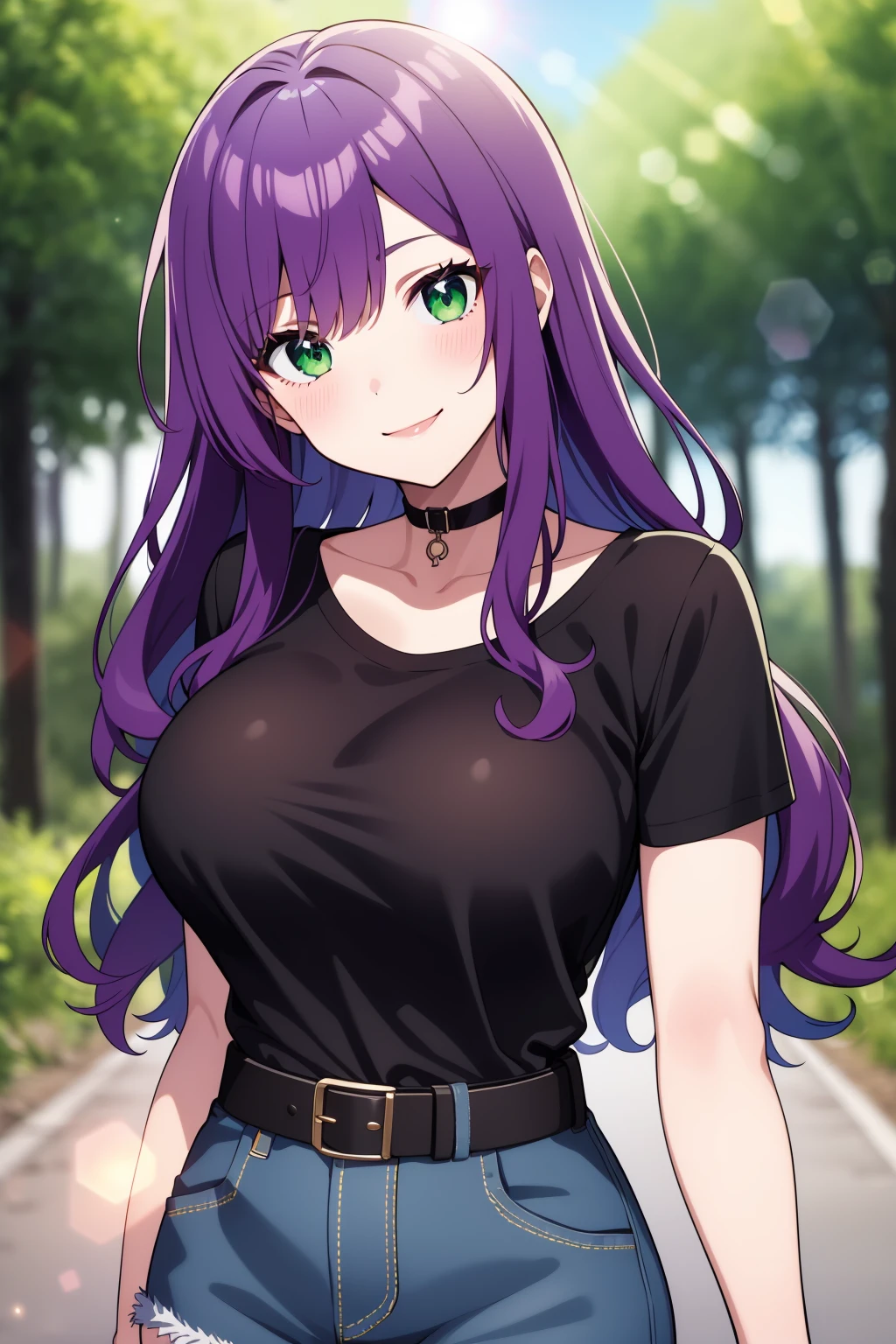 (masterpiece), best quality, expressive eyes, perfect face, 1girl, solo,
long hair, wavy hair, purple hair, green eyes, large breasts, black t-shirt, choker, head tilt, smile, denim shorts, belt, 
portrait, forest, cloudy sky, lens flare, blurry background,