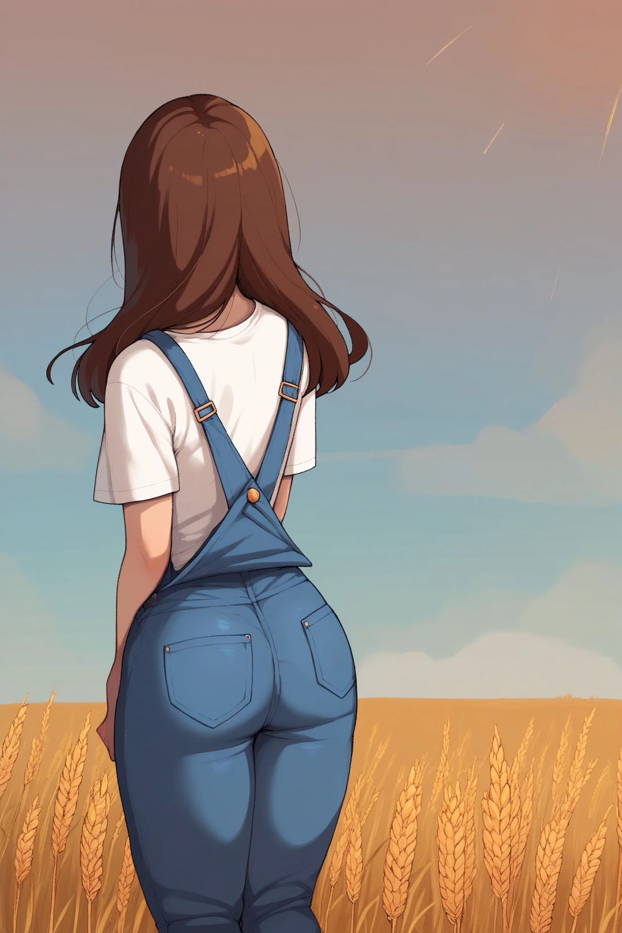 score_9, score_8_up, score_7_up, score_6_up, score_5_up, score_4_up, outside, wheat field, field, day, sunbeam, sun, sky, rear view, female, solo, human, long hair, brown hair, butt, overalls, white t-shirt